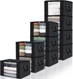 Fab totes 10 Pack Clothes Storage, Foldable Thick Fabric Blanket Storage Bags, Containers for Organizing Bedroom, Closet, Clothing, Comforter,Closet Organization with Handle,Black