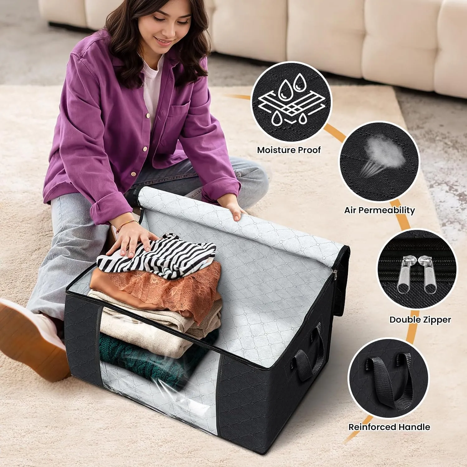 Fab totes 10 Pack Clothes Storage, Foldable Thick Fabric Blanket Storage Bags, Containers for Organizing Bedroom, Closet, Clothing, Comforter,Closet Organization with Handle,Black