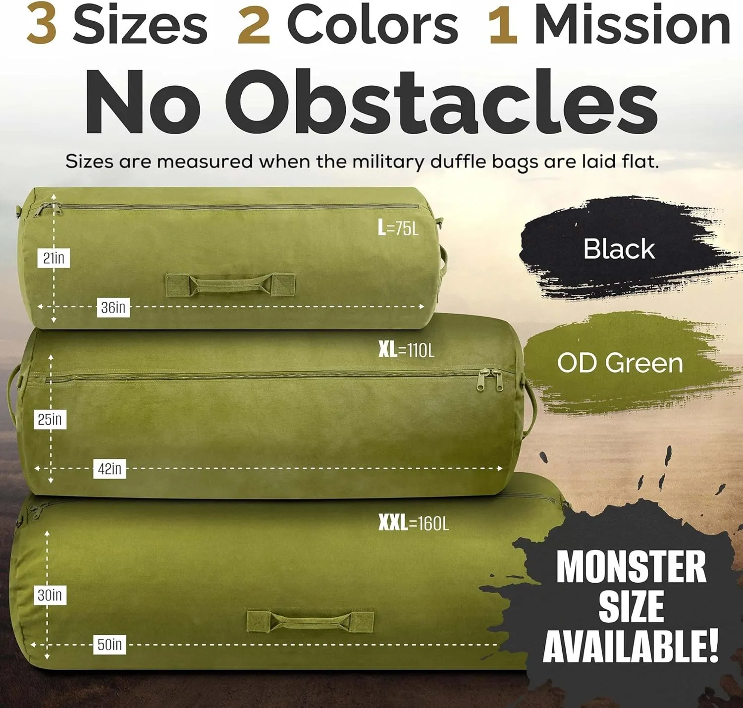 Farm Blue GI Style Zipper Duffel Bag - Enormous 30"x 50" XX Large Military Army Duffel 18 OZ Canvas- The Best 4 summer Camping, laundry moving & storage-YKK Zippers & 3 Grab Handles (Black, XX-Large)