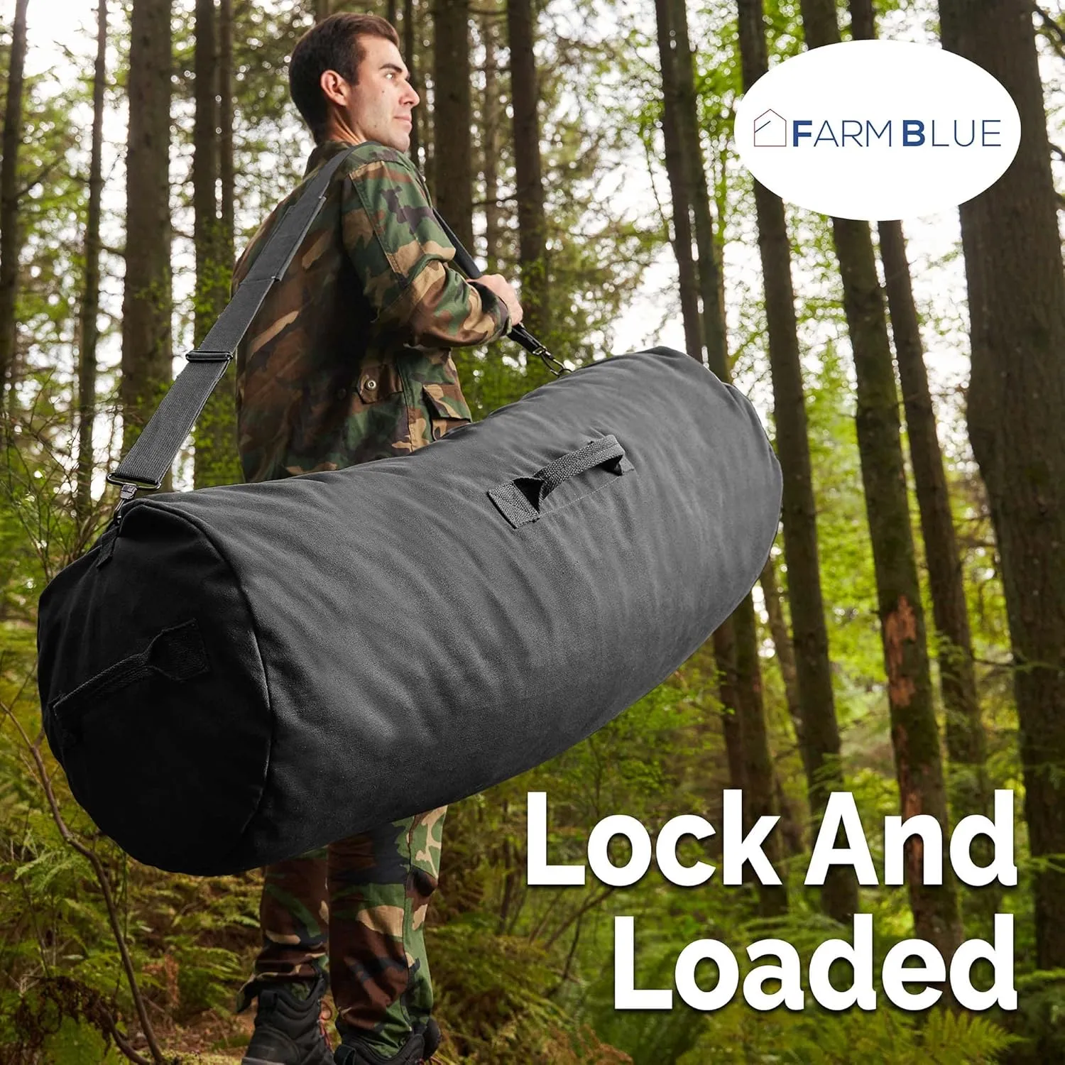 Farm Blue GI Style Zipper Duffel Bag - Enormous 30"x 50" XX Large Military Army Duffel 18 OZ Canvas- The Best 4 summer Camping, laundry moving & storage-YKK Zippers & 3 Grab Handles (Black, XX-Large)