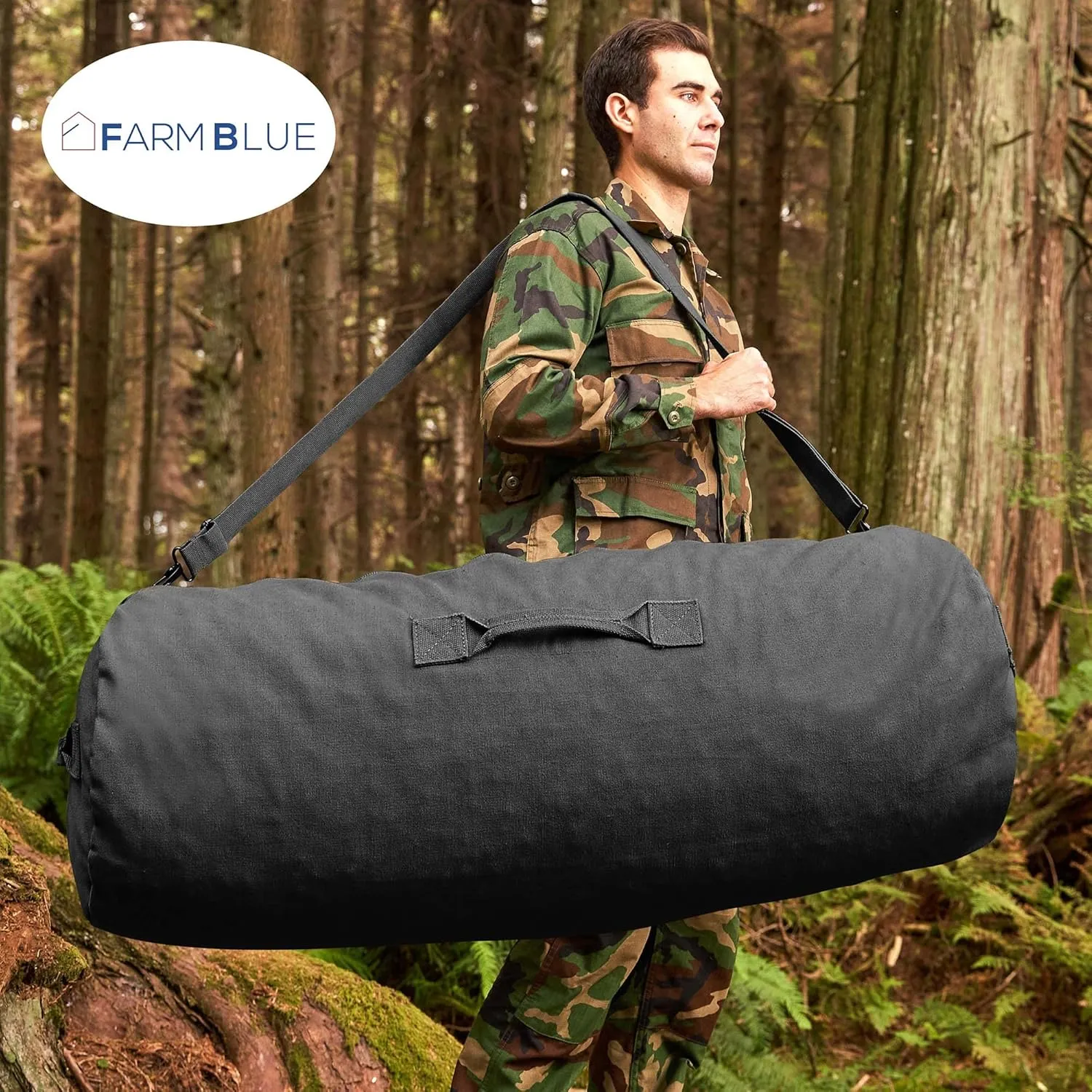 Farm Blue GI Style Zipper Duffel Bag - Enormous 30"x 50" XX Large Military Army Duffel 18 OZ Canvas- The Best 4 summer Camping, laundry moving & storage-YKK Zippers & 3 Grab Handles (Black, XX-Large)