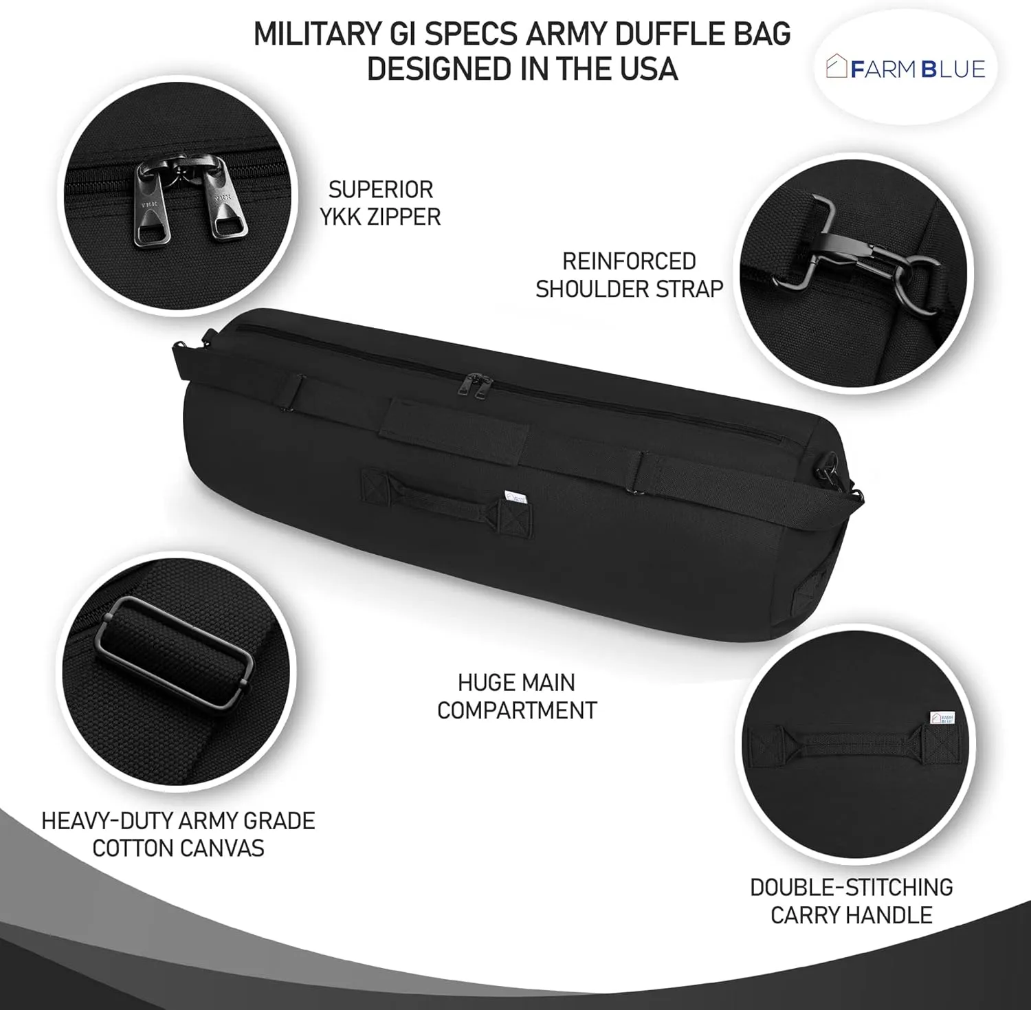 Farm Blue GI Style Zipper Duffel Bag - Enormous 30"x 50" XX Large Military Army Duffel 18 OZ Canvas- The Best 4 summer Camping, laundry moving & storage-YKK Zippers & 3 Grab Handles (Black, XX-Large)