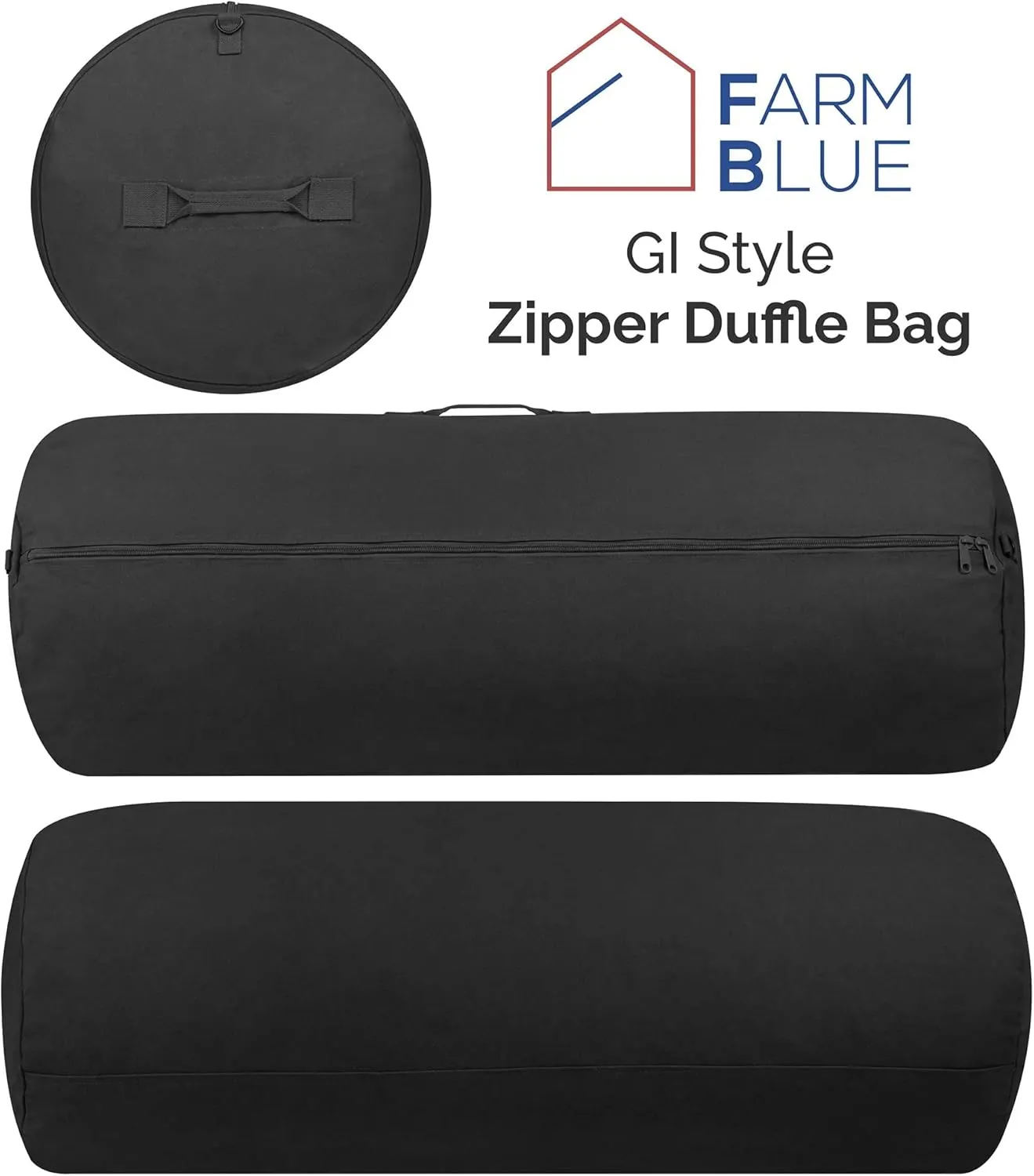 Farm Blue GI Style Zipper Duffel Bag - Enormous 30"x 50" XX Large Military Army Duffel 18 OZ Canvas- The Best 4 summer Camping, laundry moving & storage-YKK Zippers & 3 Grab Handles (Black, XX-Large)