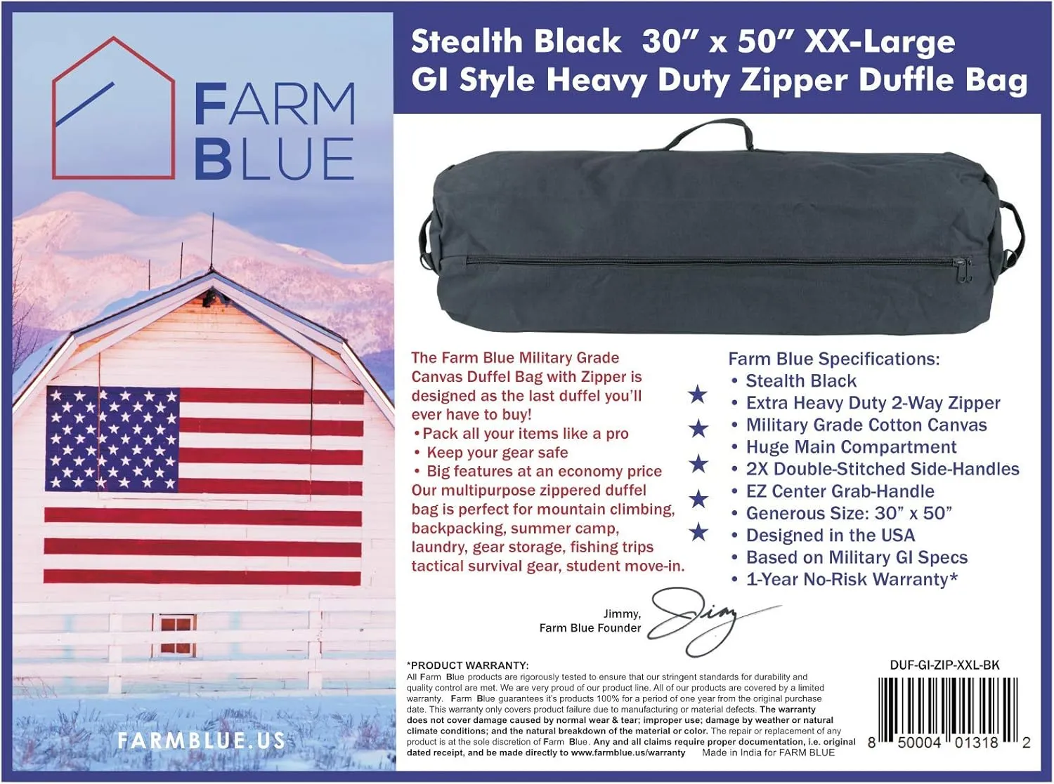 Farm Blue GI Style Zipper Duffel Bag - Enormous 30"x 50" XX Large Military Army Duffel 18 OZ Canvas- The Best 4 summer Camping, laundry moving & storage-YKK Zippers & 3 Grab Handles (Black, XX-Large)