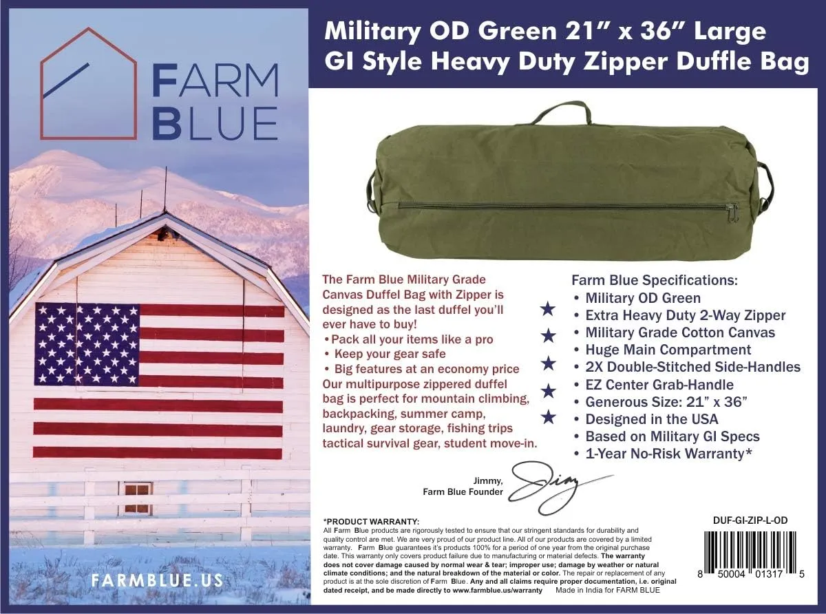 Farm Blue GI Style Zipper Duffle Bag Heavy Duty Army Duffle Bags - Military Grade Cotton Canvas Duffel Bag - Reinforced Camping Bag - Strong Zipper & Center Grab Handle (Olive Drab, X-Large)