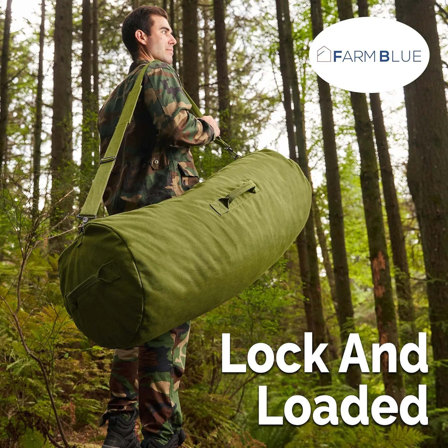 Farm Blue GI Style Zipper Duffle Bag Heavy Duty Army Duffle Bags - Military Grade Cotton Canvas Duffel Bag - Reinforced Camping Bag - Strong Zipper & Center Grab Handle (Olive Drab, X-Large)