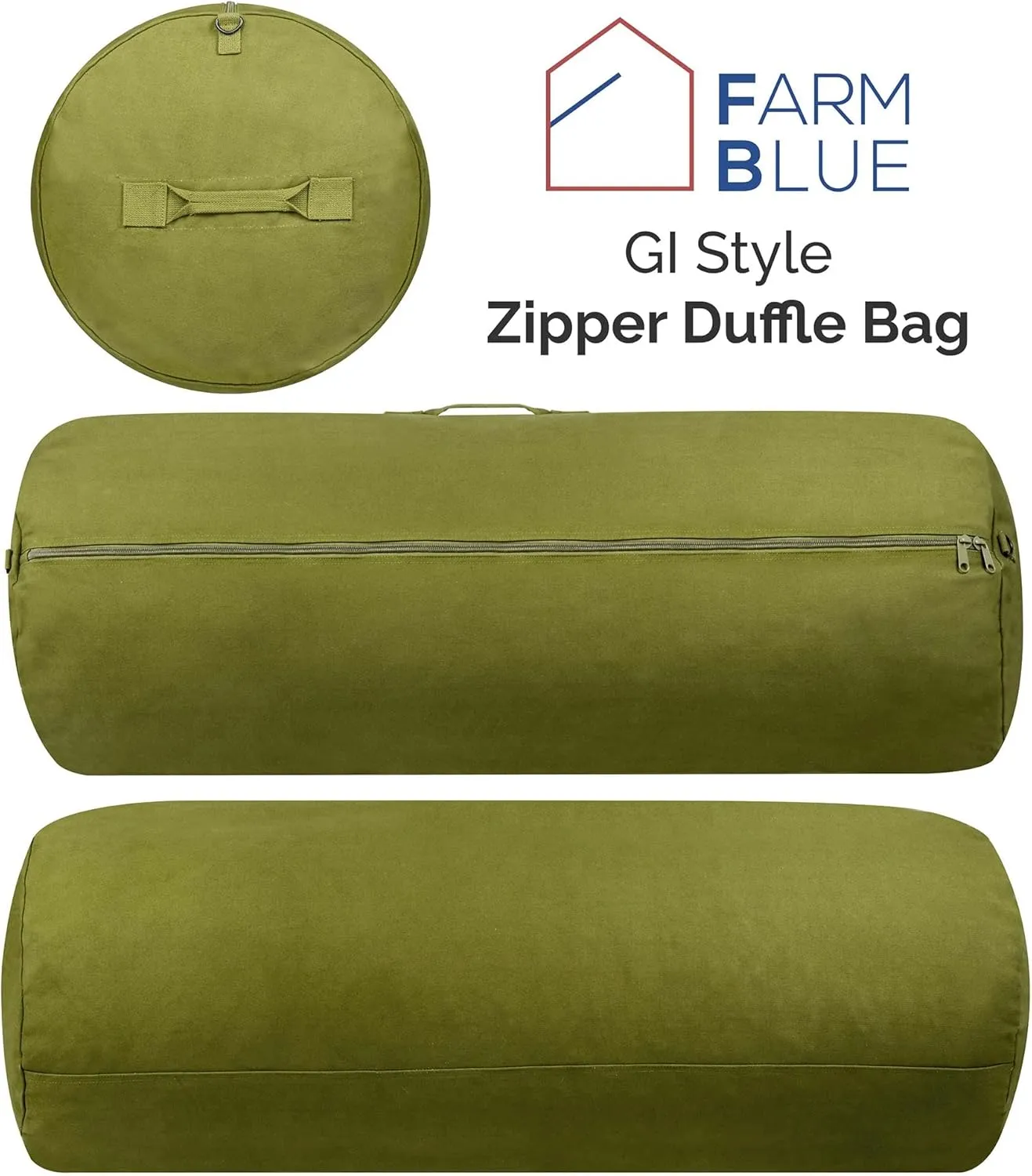 Farm Blue GI Style Zipper Duffle Bag Heavy Duty Army Duffle Bags - Military Grade Cotton Canvas Duffel Bag - Reinforced Camping Bag - Strong Zipper & Center Grab Handle (Olive Drab, X-Large)