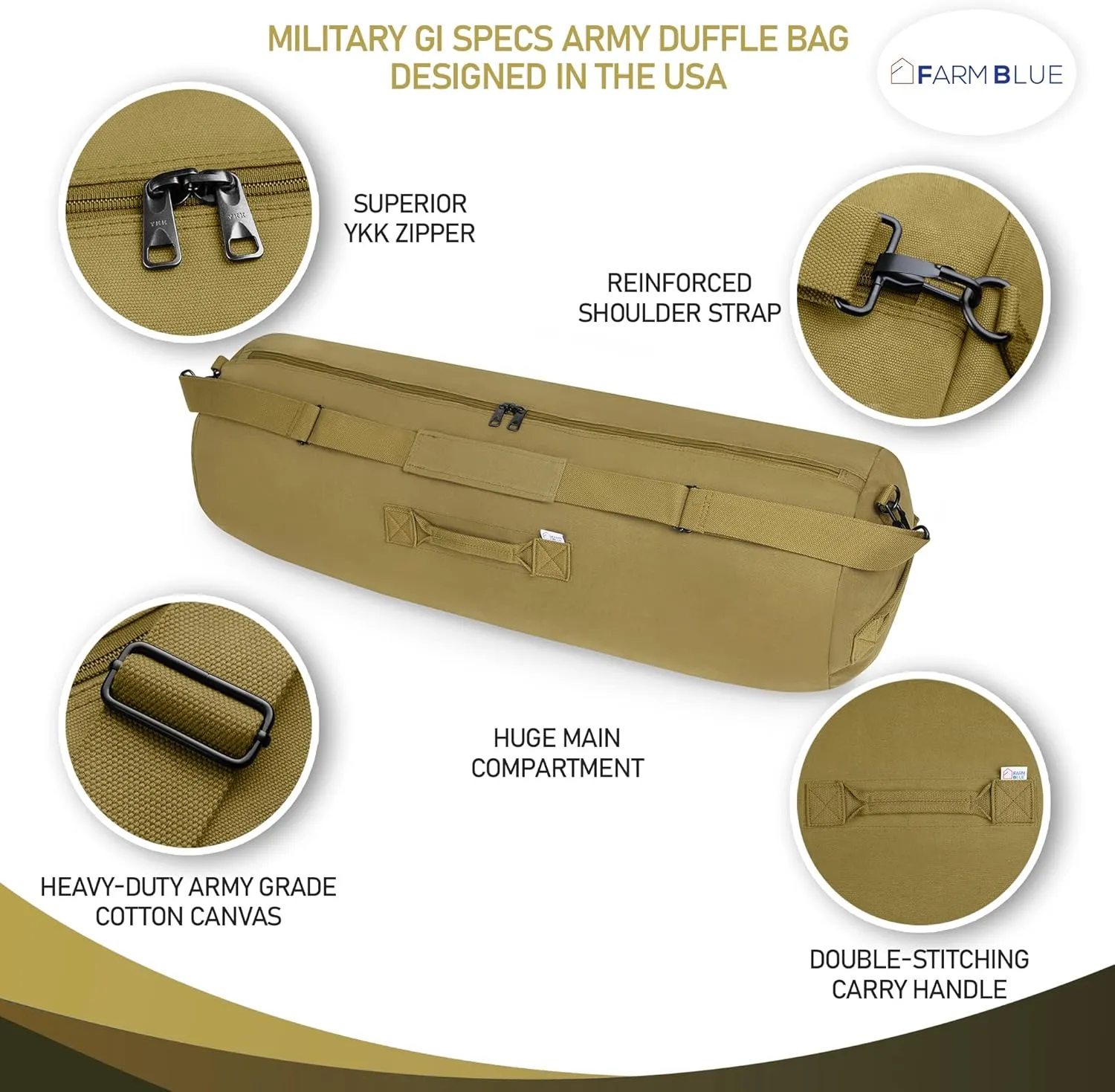 Farm Blue GI Style Zipper Duffle Bag Heavy Duty Army Duffle Bags - Military Grade Cotton Canvas Duffel Bag - Reinforced Camping Bag - Strong Zipper & Center Grab Handle (Olive Drab, X-Large)