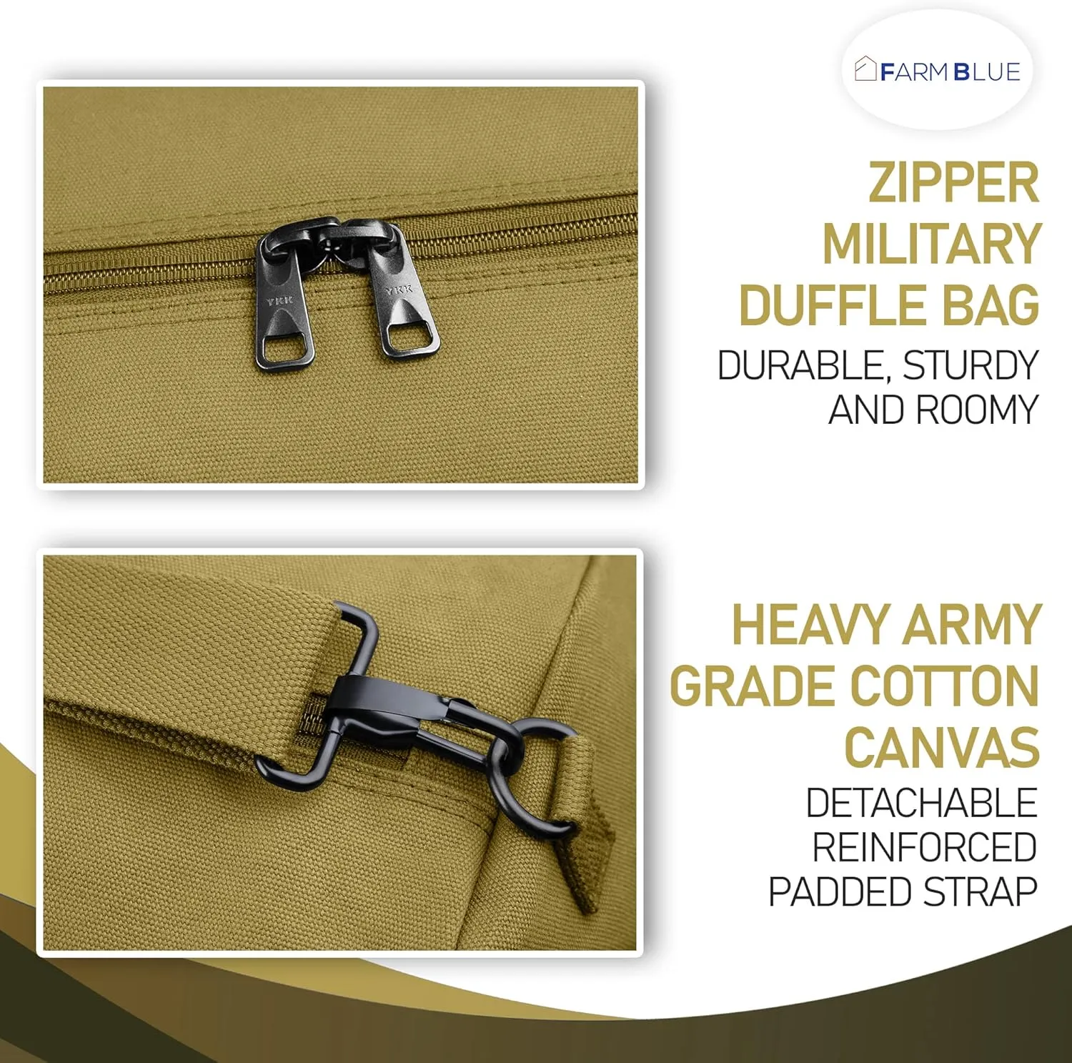 Farm Blue GI Style Zipper Duffle Bag Heavy Duty Army Duffle Bags - Military Grade Cotton Canvas Duffel Bag - Reinforced Camping Bag - Strong Zipper & Center Grab Handle (Olive Drab, X-Large)