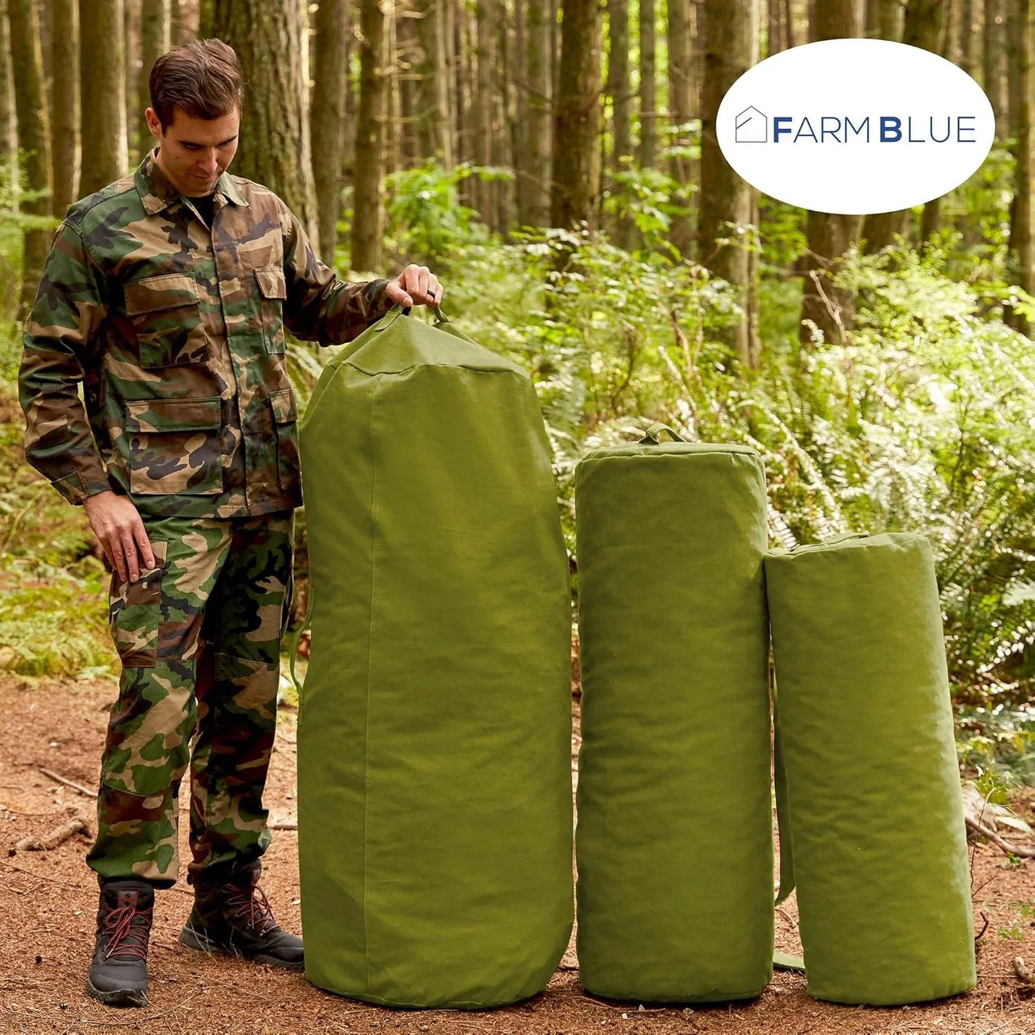 Farm Blue GI Style Zipper Duffle Bag Heavy Duty Army Duffle Bags - Military Grade Cotton Canvas Duffel Bag - Reinforced Camping Bag - Strong Zipper & Center Grab Handle (Olive Drab, X-Large)