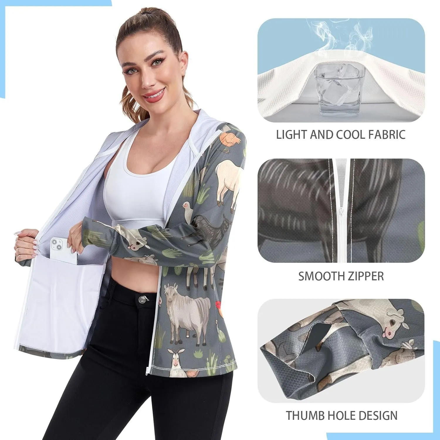 Farm Themed Animals Sun Protection Jacket Upf 50 , Long Sleeve Zip up Outdoor Clothing Women