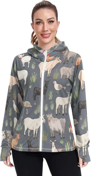 Farm Themed Animals Sun Protection Jacket Upf 50 , Long Sleeve Zip up Outdoor Clothing Women