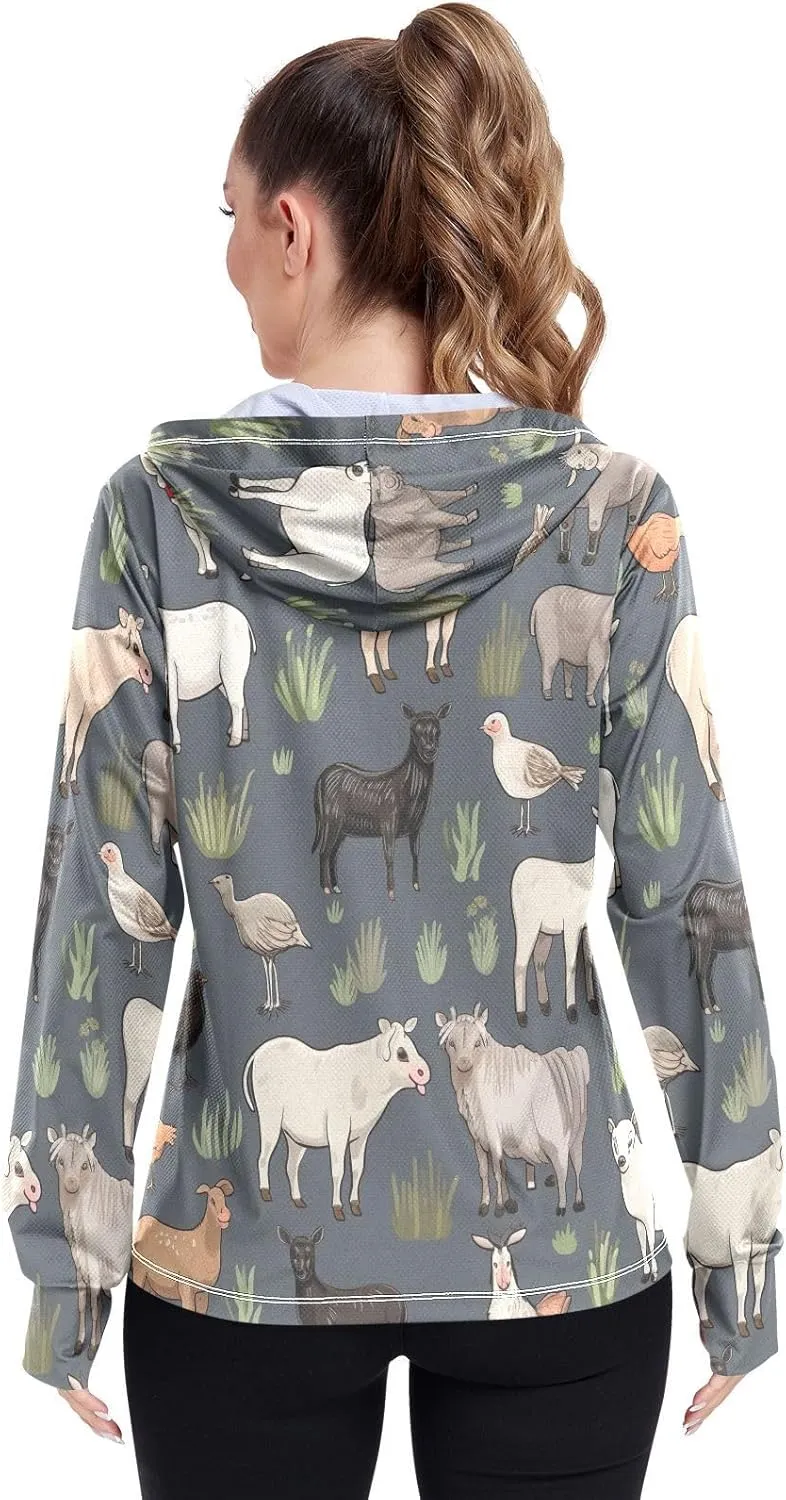 Farm Themed Animals Sun Protection Jacket Upf 50 , Long Sleeve Zip up Outdoor Clothing Women