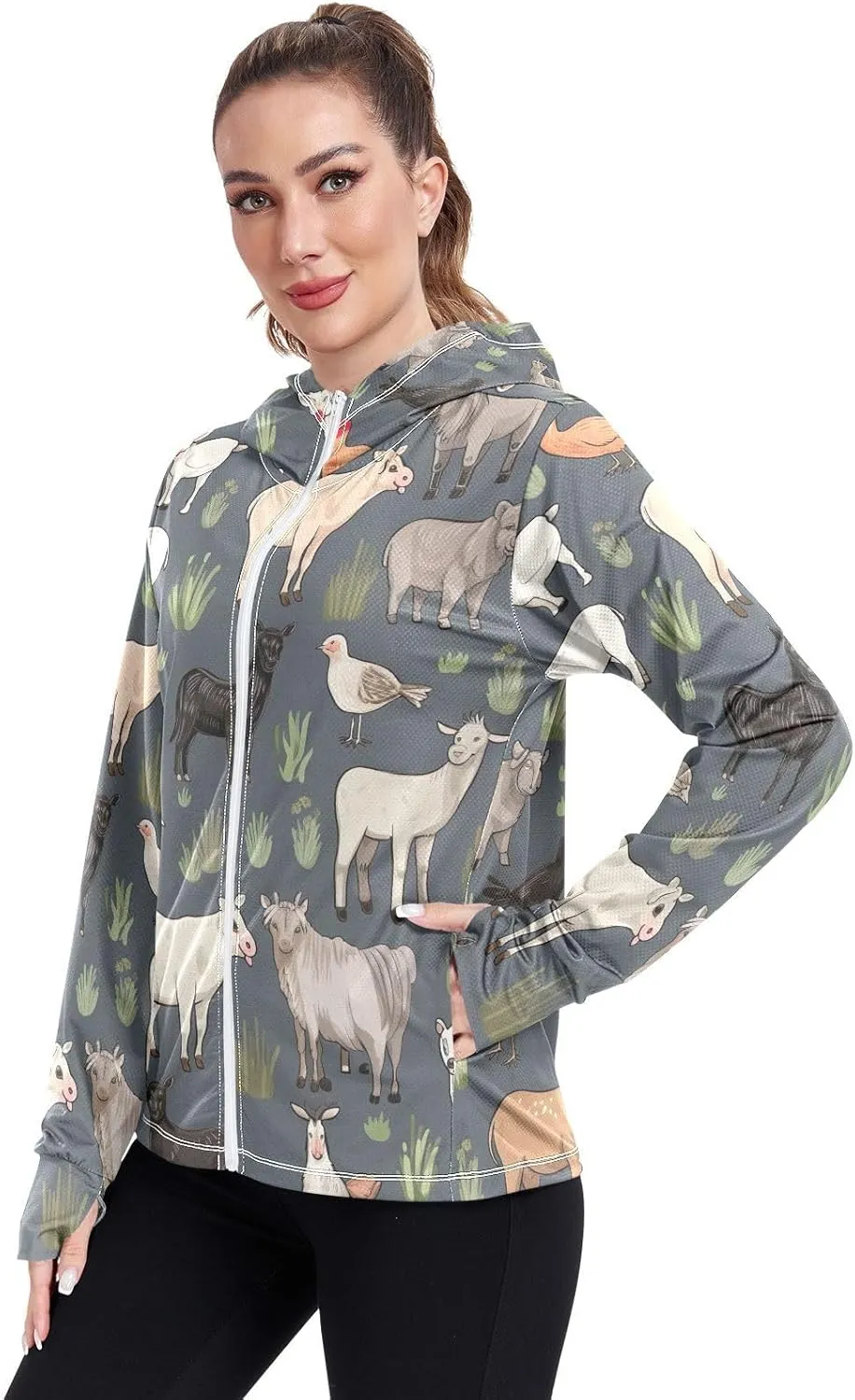 Farm Themed Animals Sun Protection Jacket Upf 50 , Long Sleeve Zip up Outdoor Clothing Women
