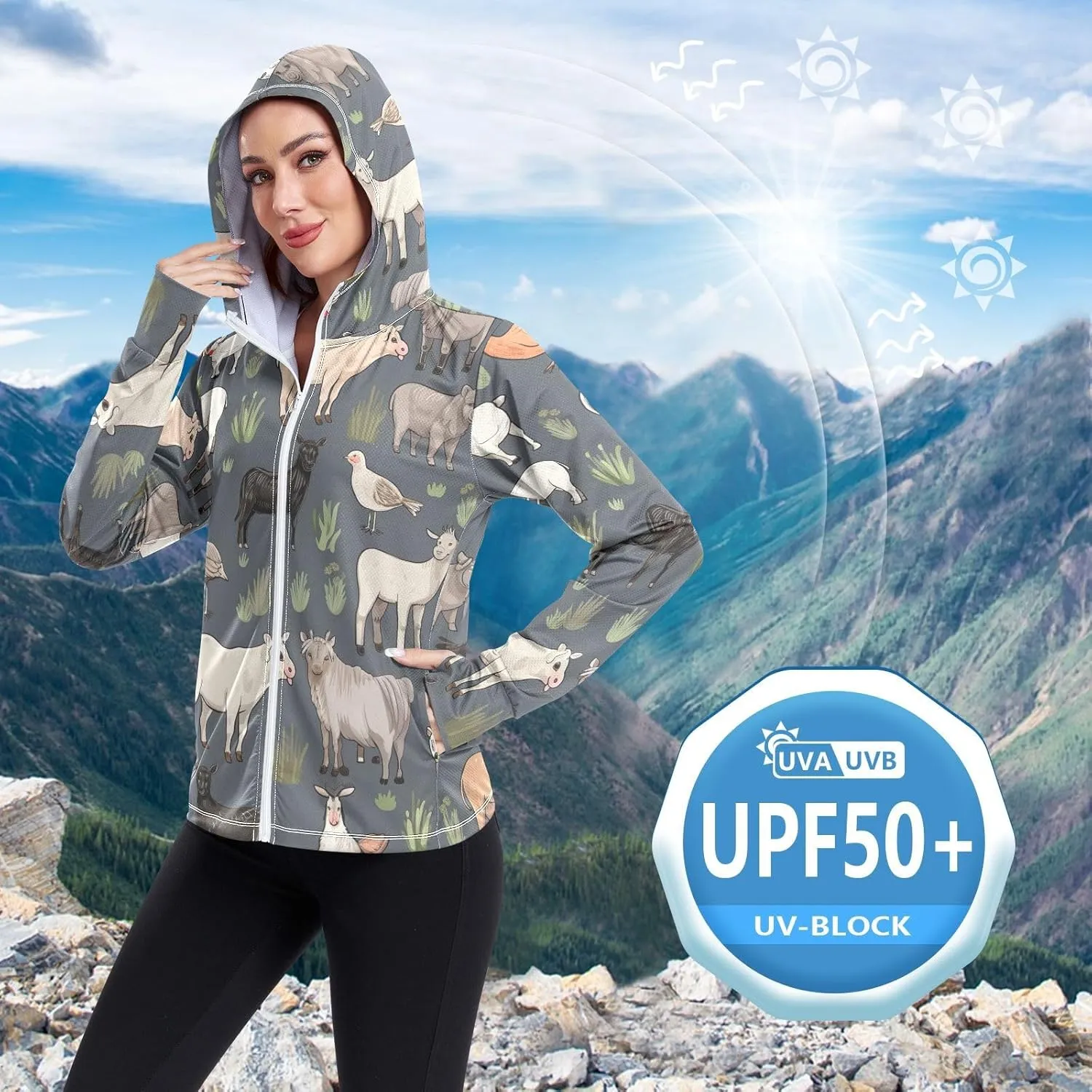 Farm Themed Animals Sun Protection Jacket Upf 50 , Long Sleeve Zip up Outdoor Clothing Women