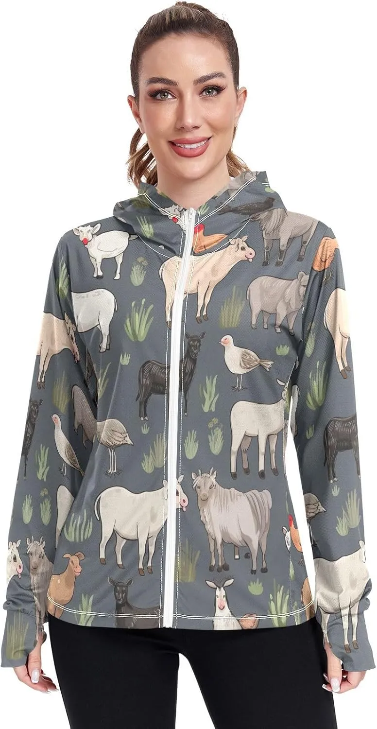Farm Themed Animals Sun Protection Jacket Upf 50 , Long Sleeve Zip up Outdoor Clothing Women