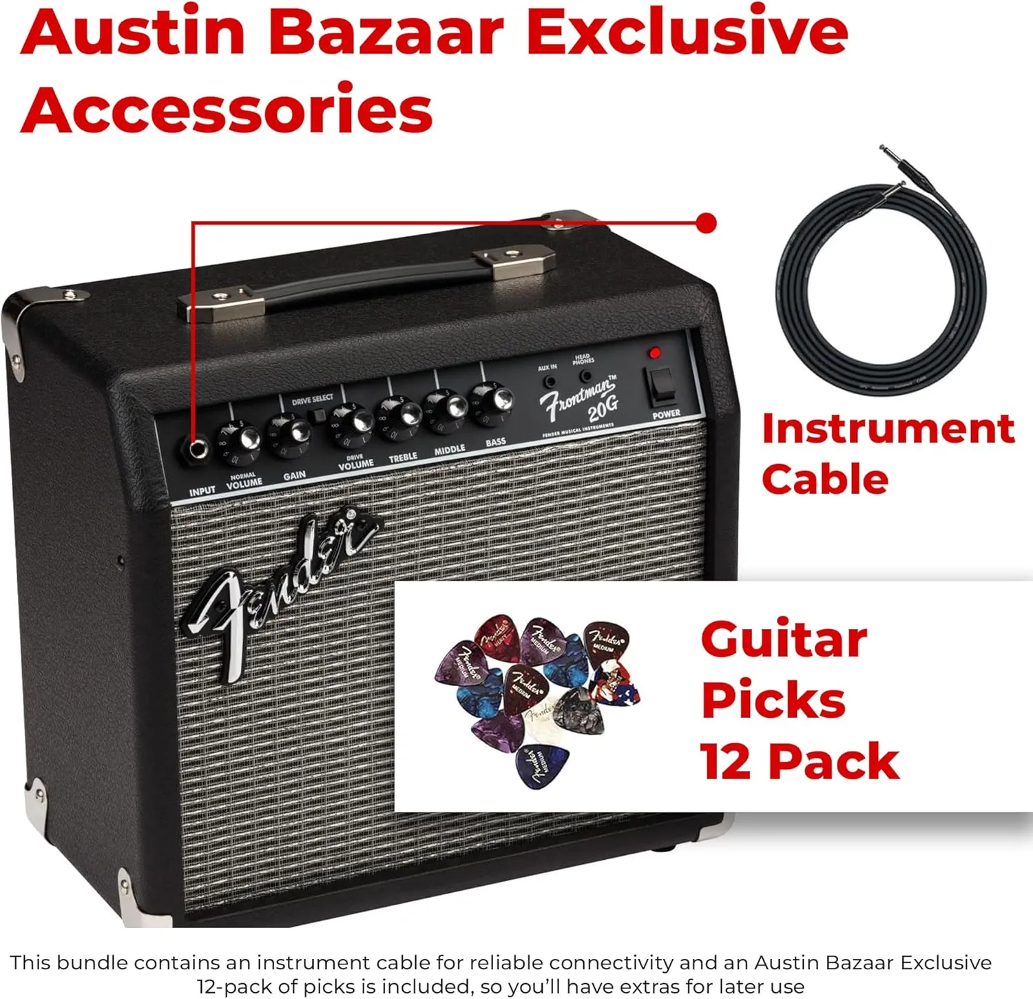 Fender Frontman 20G Guitar Combo Amplifier - Black Bundle with Cable and Austin Bazaar Exclusive 12-Pack Picks