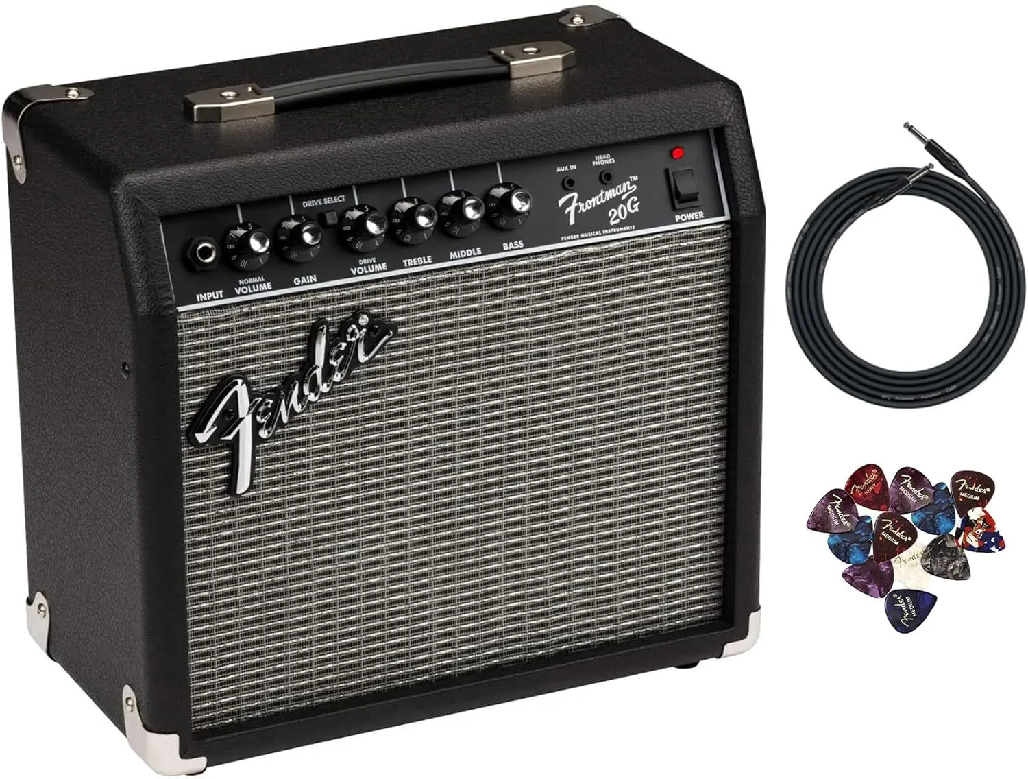 Fender Frontman 20G Guitar Combo Amplifier - Black Bundle with Cable and Austin Bazaar Exclusive 12-Pack Picks