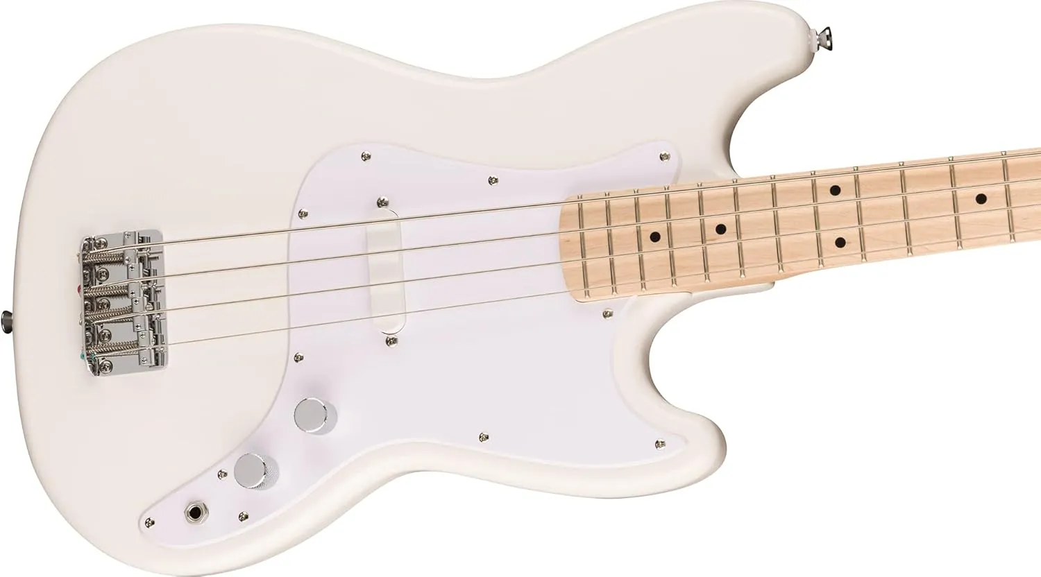 Fender Squier Sonic Bronco Bass Guitar, Maple Fingerboard - Arctic White Bundle with Tuner, Strap, and Austin Bazaar Instructional DVD