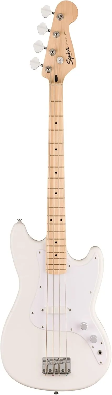 Fender Squier Sonic Bronco Bass Guitar, Maple Fingerboard - Arctic White Bundle with Tuner, Strap, and Austin Bazaar Instructional DVD