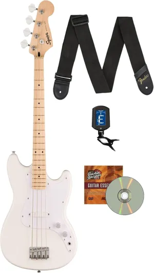 Fender Squier Sonic Bronco Bass Guitar, Maple Fingerboard - Arctic White Bundle with Tuner, Strap, and Austin Bazaar Instructional DVD