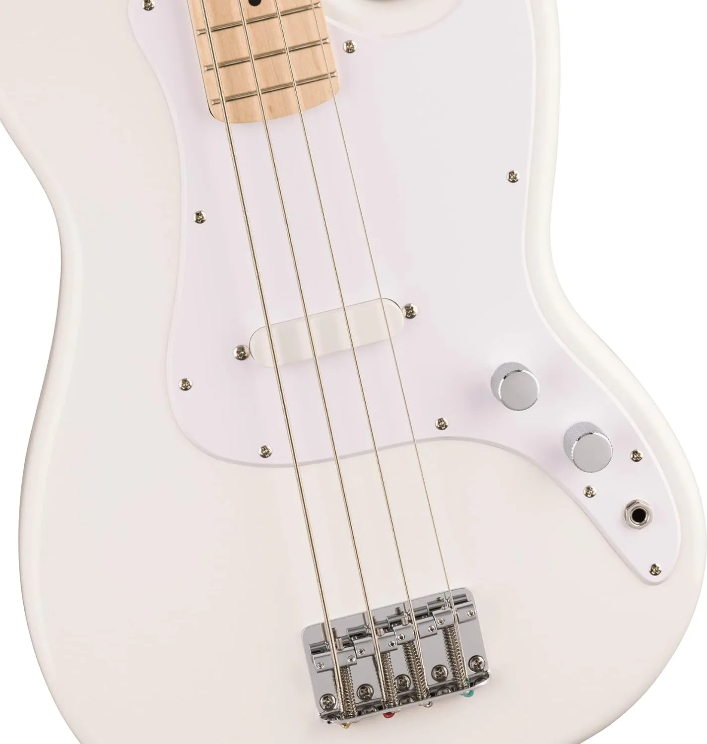 Fender Squier Sonic Bronco Bass Guitar, Maple Fingerboard - Arctic White Bundle with Tuner, Strap, and Austin Bazaar Instructional DVD