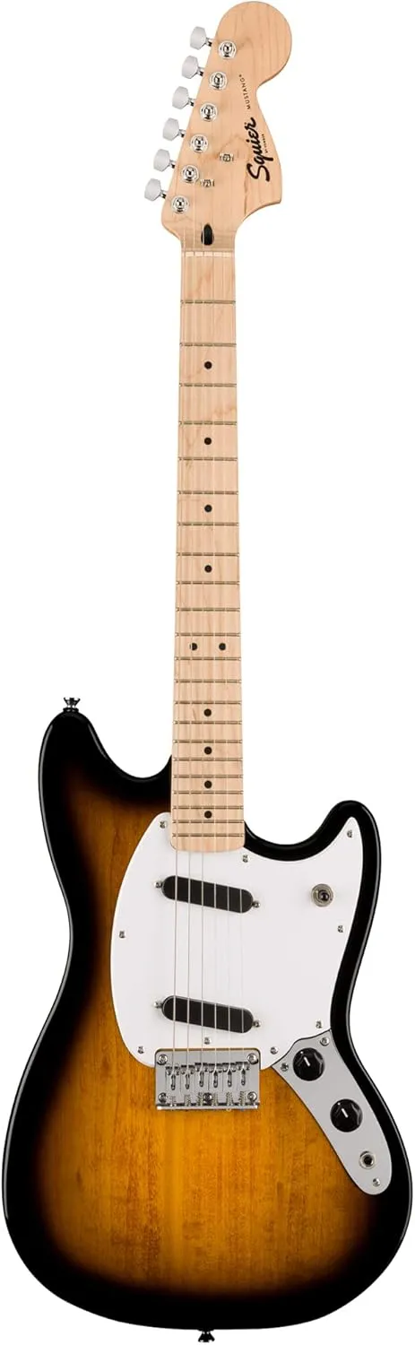 Fender Squier Sonic Mustang, Maple Fingerboard, SS Electric Guitar Bundle with Frontman 10G Amplifier, Guitar Cable, Tuner, Guitar Strap, Picks, and Austin Bazaar Instructional DVD - 2-Color Sunburst