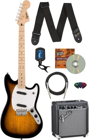 Fender Squier Sonic Mustang, Maple Fingerboard, SS Electric Guitar Bundle with Frontman 10G Amplifier, Guitar Cable, Tuner, Guitar Strap, Picks, and Austin Bazaar Instructional DVD - 2-Color Sunburst