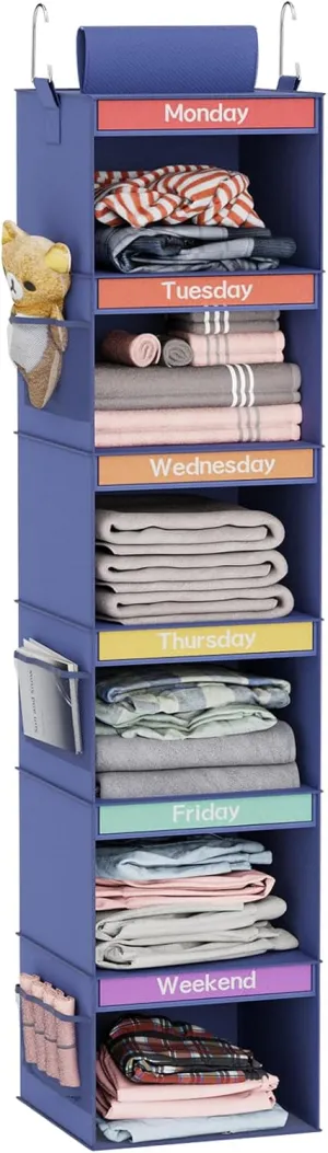 Fixwal 6-Shelf Weekly Hanging Closet Organizer for Kids with 6 Side Pockets, Weekday Kids Clothes Organizers Monday Through Friday Clothes Foldable Hanging Storage Shelves (Blue)