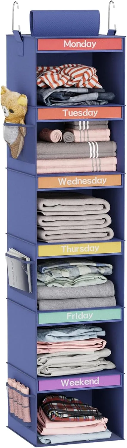 Fixwal 6-Shelf Weekly Hanging Closet Organizer for Kids with 6 Side Pockets, Weekday Kids Clothes Organizers Monday Through Friday Clothes Foldable Hanging Storage Shelves (Blue)