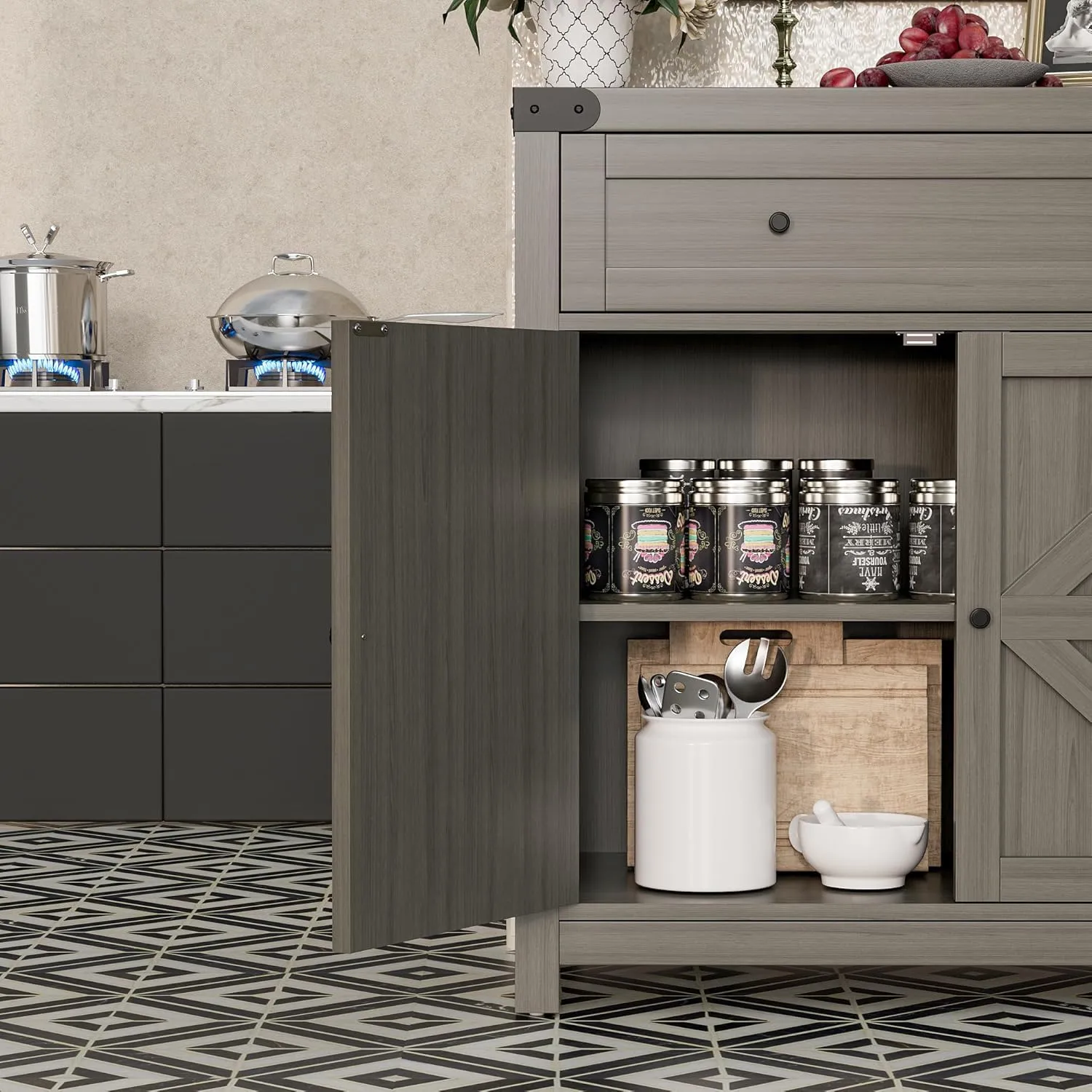 Flamaker Sideboard Buffet Cabinet with Storage, Farmhouse Coffee Bar Cabinet with 1 Drawer and 2 Barn Doors, Barn Door Console Table, Storage Cabinet for Kitchen, Dining Room, Entryway (Grey)