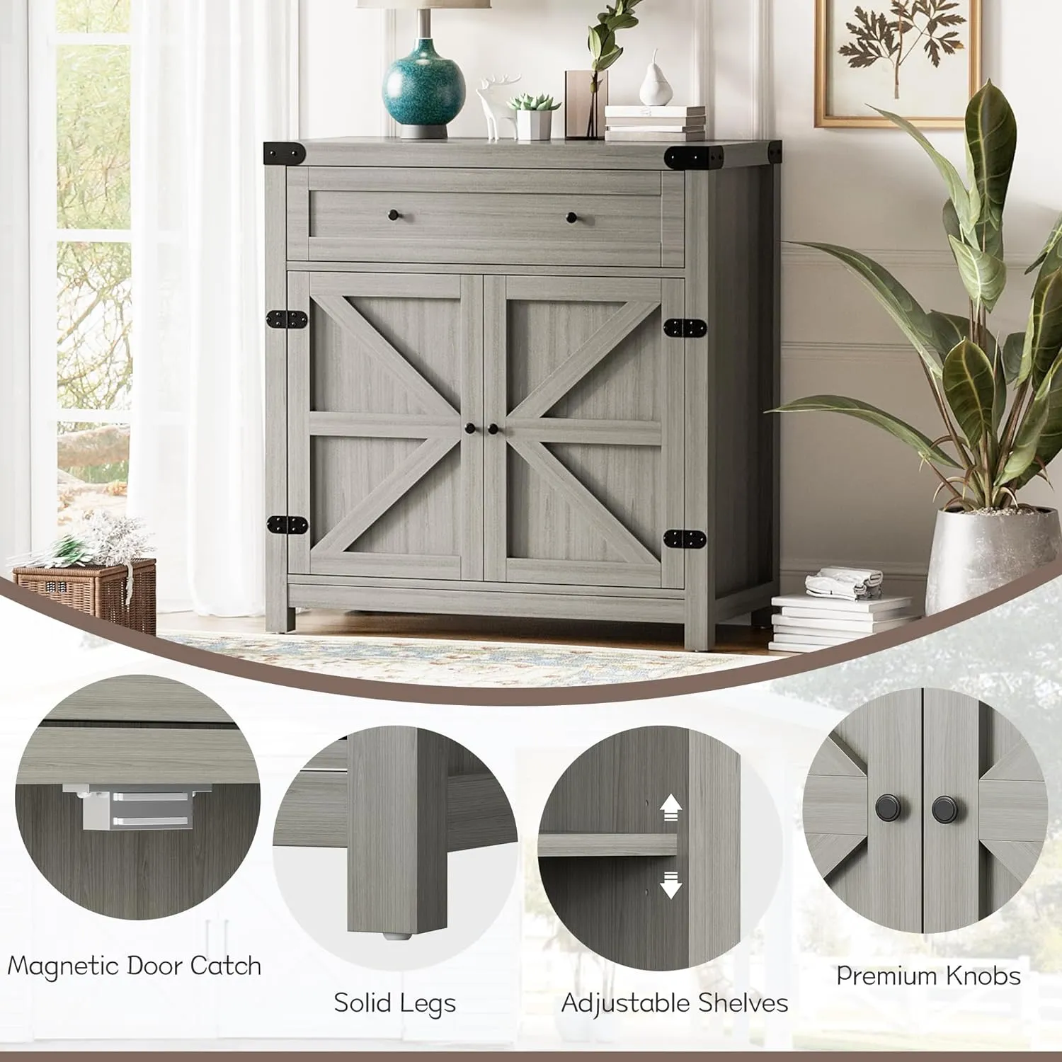 Flamaker Sideboard Buffet Cabinet with Storage, Farmhouse Coffee Bar Cabinet with 1 Drawer and 2 Barn Doors, Barn Door Console Table, Storage Cabinet for Kitchen, Dining Room, Entryway (Grey)