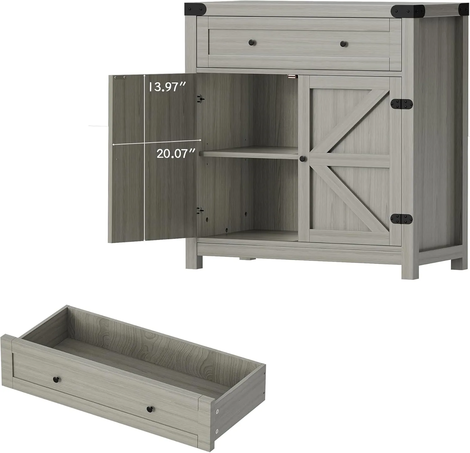Flamaker Sideboard Buffet Cabinet with Storage, Farmhouse Coffee Bar Cabinet with 1 Drawer and 2 Barn Doors, Barn Door Console Table, Storage Cabinet for Kitchen, Dining Room, Entryway (Grey)