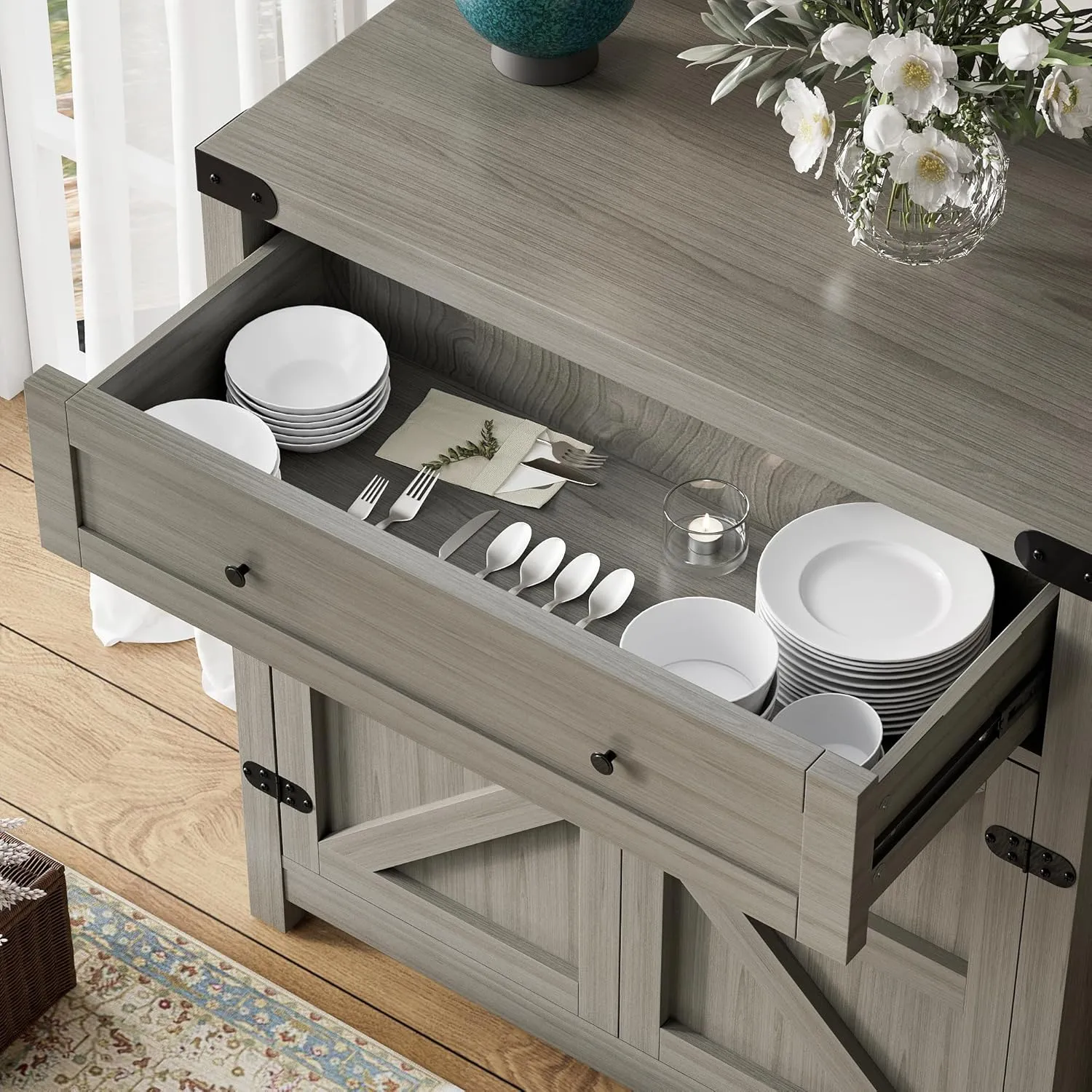 Flamaker Sideboard Buffet Cabinet with Storage, Farmhouse Coffee Bar Cabinet with 1 Drawer and 2 Barn Doors, Barn Door Console Table, Storage Cabinet for Kitchen, Dining Room, Entryway (Grey)