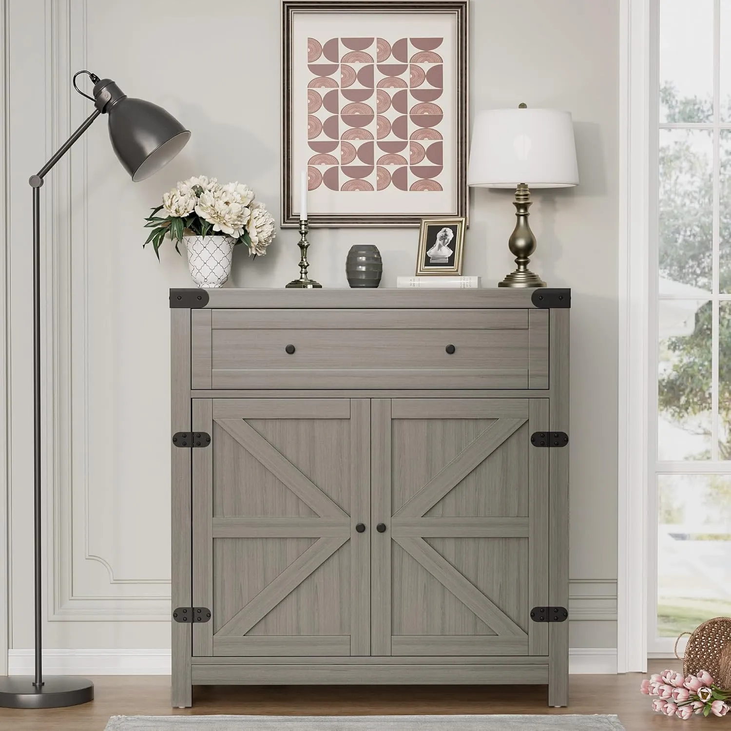 Flamaker Sideboard Buffet Cabinet with Storage, Farmhouse Coffee Bar Cabinet with 1 Drawer and 2 Barn Doors, Barn Door Console Table, Storage Cabinet for Kitchen, Dining Room, Entryway (Grey)