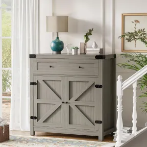 Flamaker Sideboard Buffet Cabinet with Storage, Farmhouse Coffee Bar Cabinet with 1 Drawer and 2 Barn Doors, Barn Door Console Table, Storage Cabinet for Kitchen, Dining Room, Entryway (Grey)