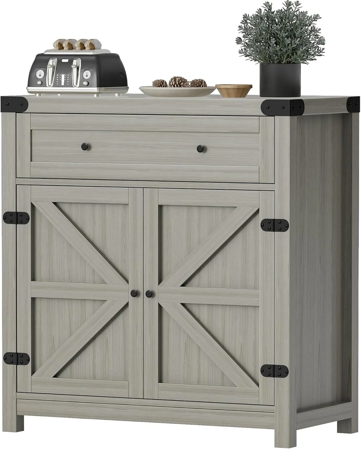 Flamaker Sideboard Buffet Cabinet with Storage, Farmhouse Coffee Bar Cabinet with 1 Drawer and 2 Barn Doors, Barn Door Console Table, Storage Cabinet for Kitchen, Dining Room, Entryway (Grey)