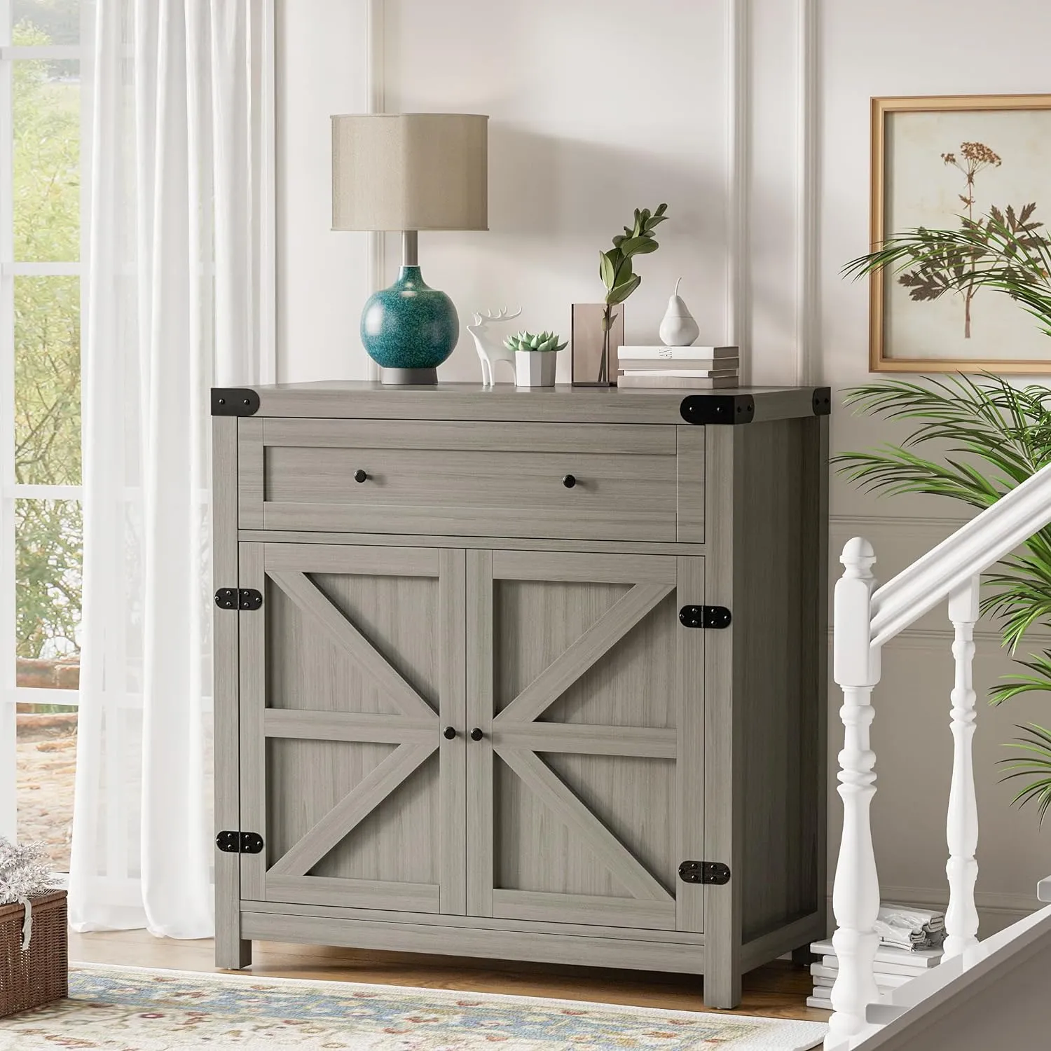 Flamaker Sideboard Buffet Cabinet with Storage, Farmhouse Coffee Bar Cabinet with 1 Drawer and 2 Barn Doors, Barn Door Console Table, Storage Cabinet for Kitchen, Dining Room, Entryway (Grey)