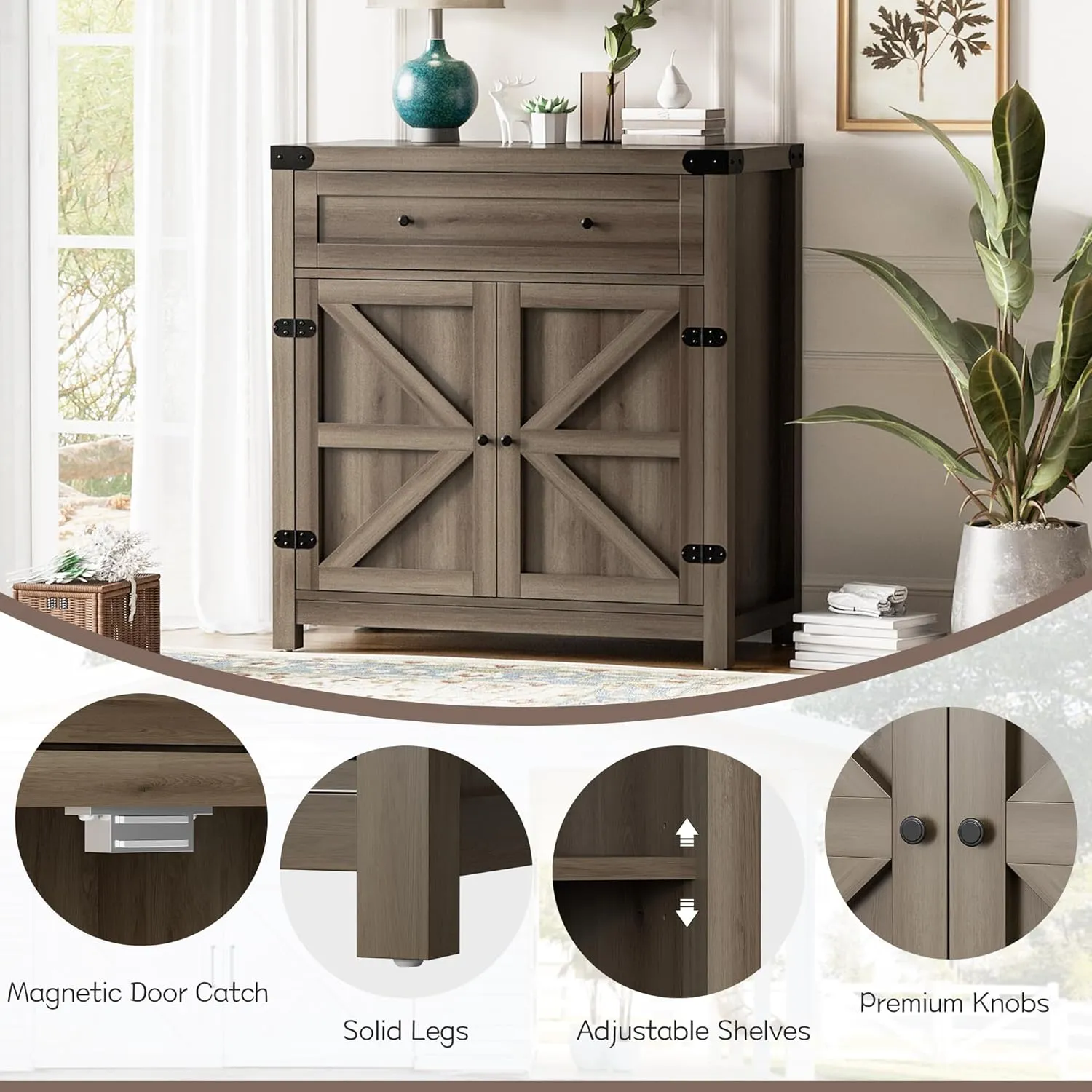 Flamaker Sideboard Buffet Cabinet with Storage, Farmhouse Coffee Bar Cabinet with 1 Drawer and 2 Barn Doors, Barn Door Console Table, Storage Cabinet for Kitchen, Dining Room, Entryway (Rustic Oak)
