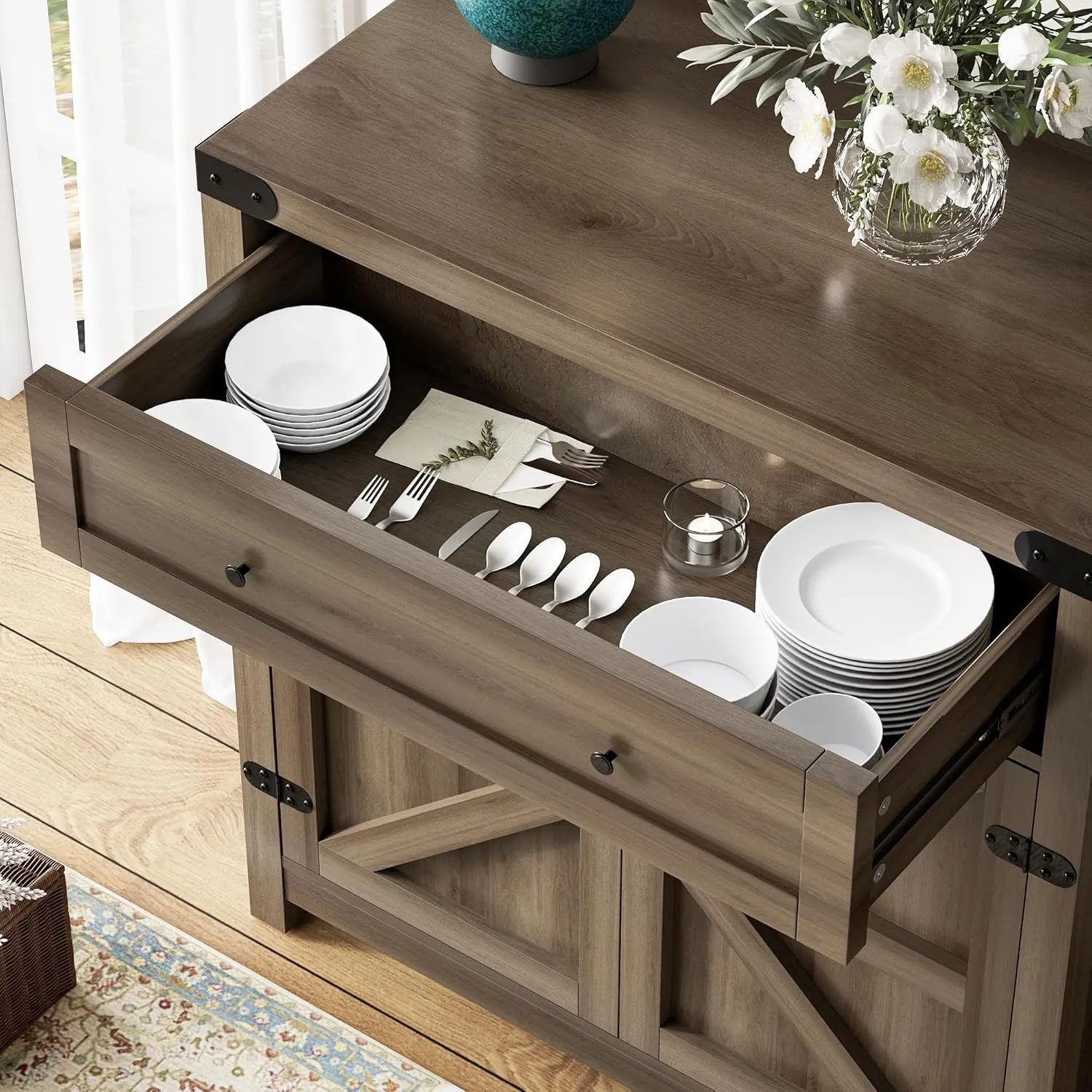 Flamaker Sideboard Buffet Cabinet with Storage, Farmhouse Coffee Bar Cabinet with 1 Drawer and 2 Barn Doors, Barn Door Console Table, Storage Cabinet for Kitchen, Dining Room, Entryway (Rustic Oak)