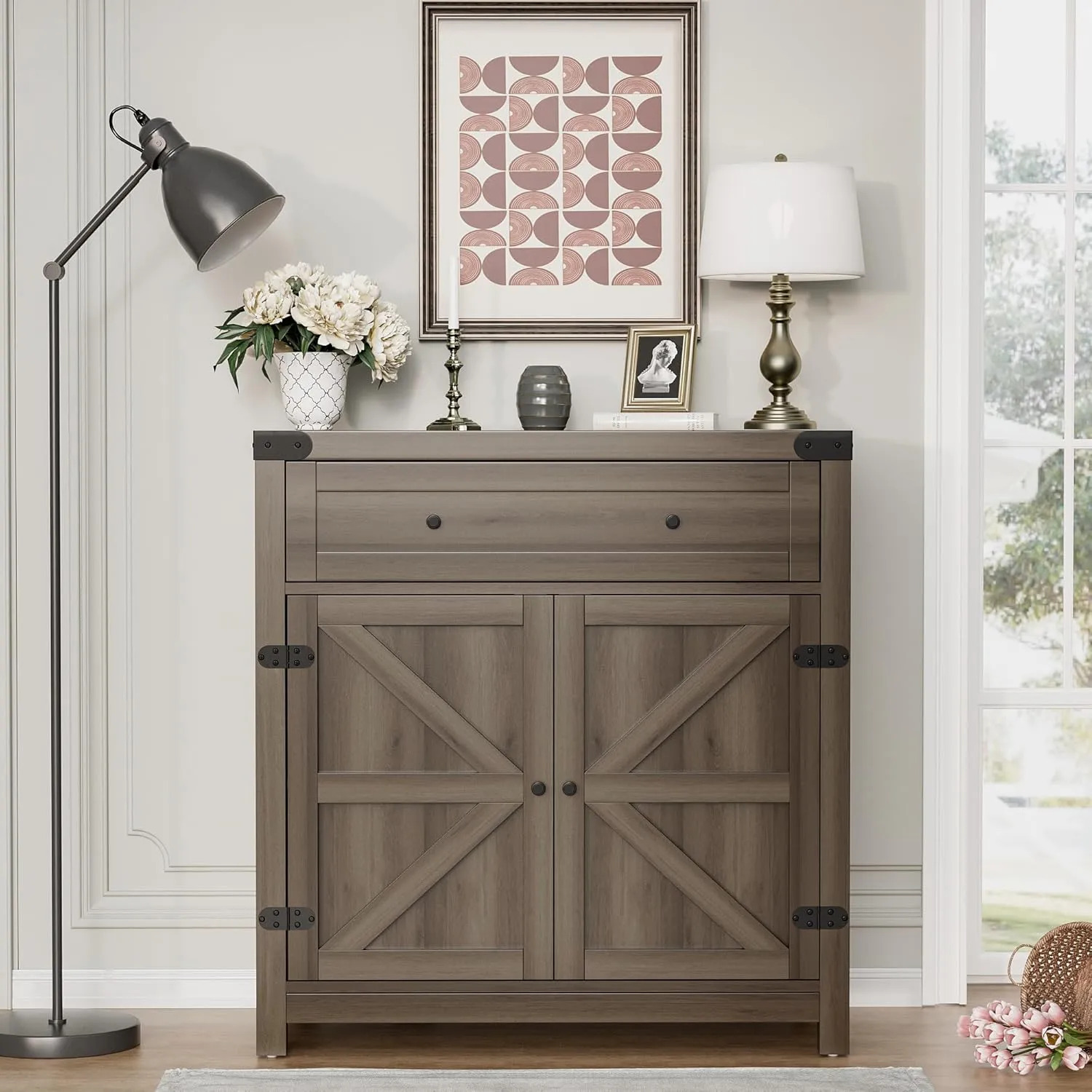 Flamaker Sideboard Buffet Cabinet with Storage, Farmhouse Coffee Bar Cabinet with 1 Drawer and 2 Barn Doors, Barn Door Console Table, Storage Cabinet for Kitchen, Dining Room, Entryway (Rustic Oak)