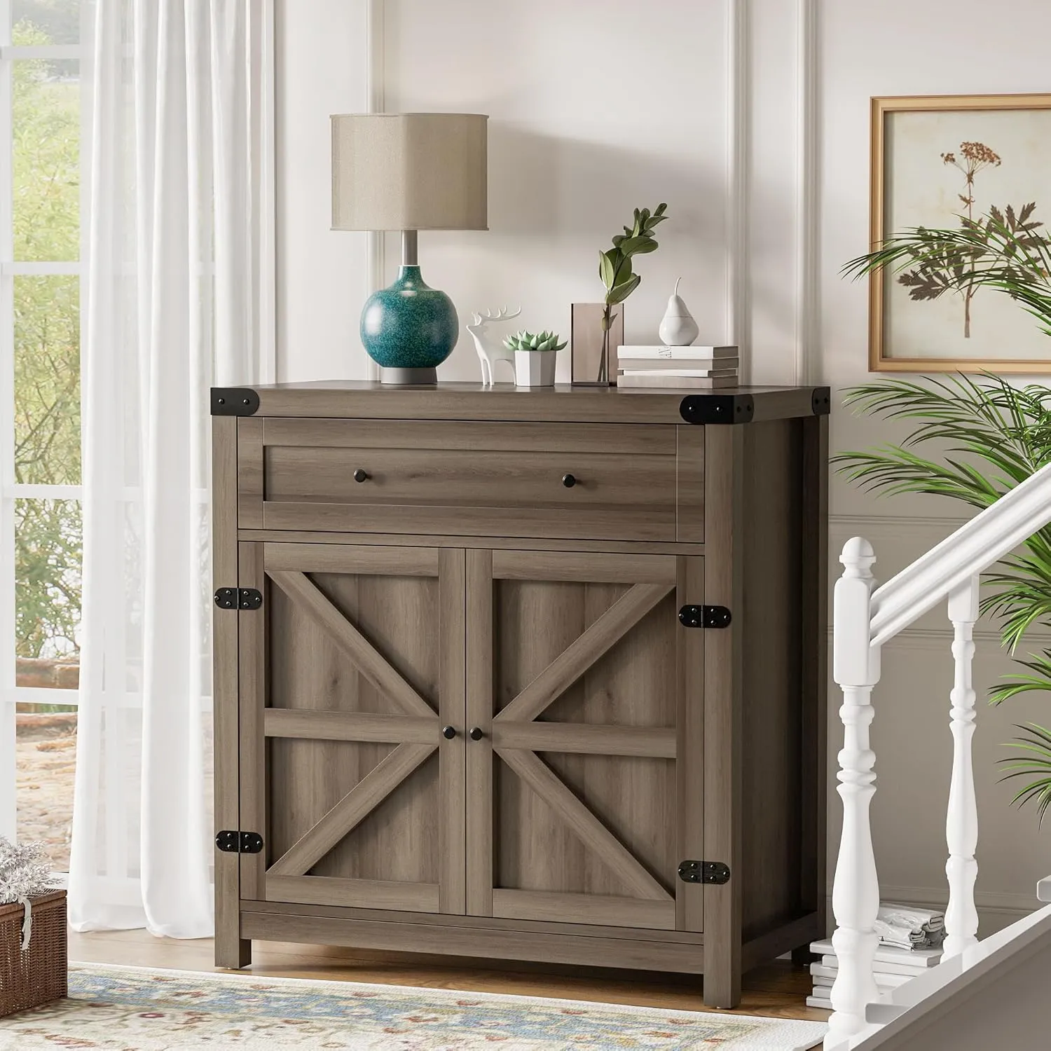 Flamaker Sideboard Buffet Cabinet with Storage, Farmhouse Coffee Bar Cabinet with 1 Drawer and 2 Barn Doors, Barn Door Console Table, Storage Cabinet for Kitchen, Dining Room, Entryway (Rustic Oak)