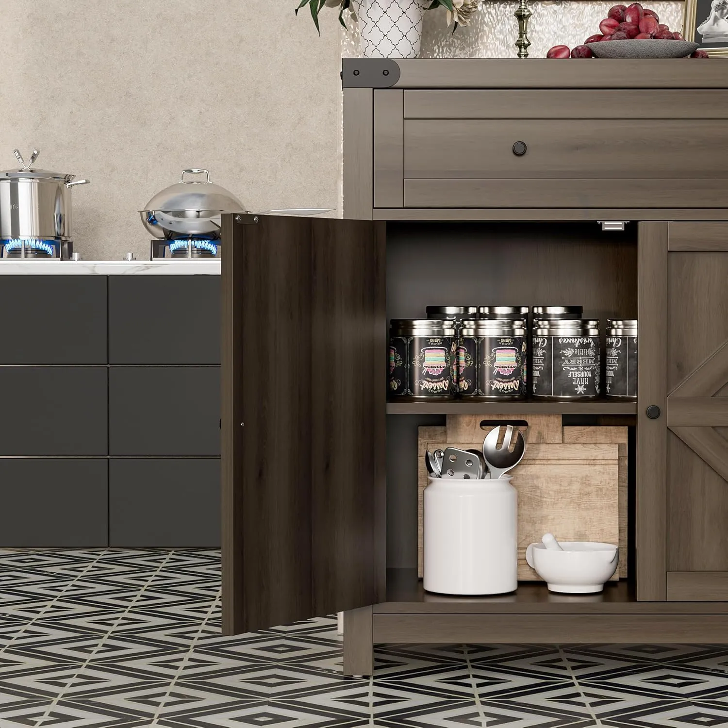 Flamaker Sideboard Buffet Cabinet with Storage, Farmhouse Coffee Bar Cabinet with 1 Drawer and 2 Barn Doors, Barn Door Console Table, Storage Cabinet for Kitchen, Dining Room, Entryway (Rustic Oak)