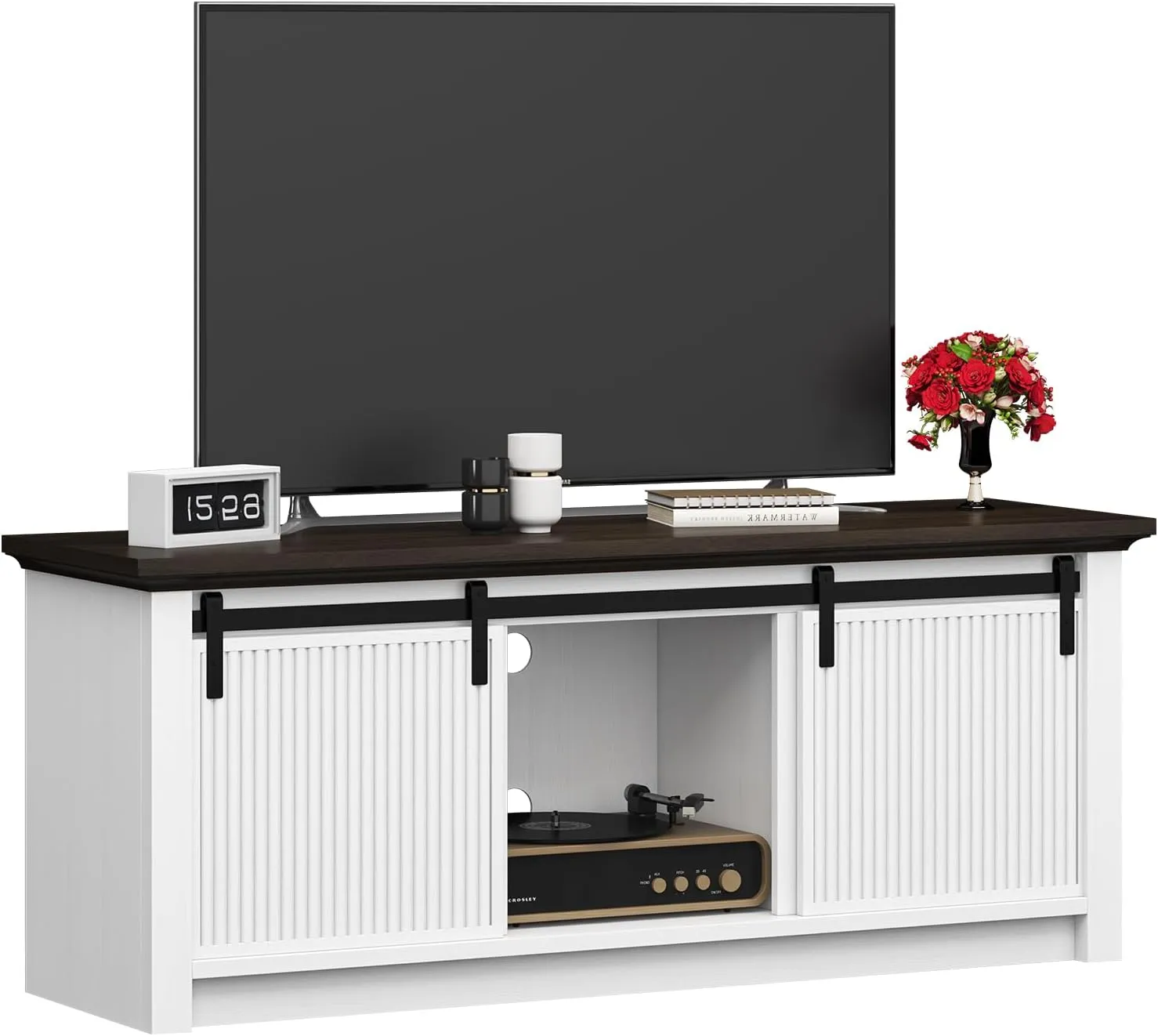 Fluted TV Stand for 60 Inch TV, 21" Tall Entertainment Center with Sliding Door and Storage Cabinets, Modern Media Console for Bedroom & Living Room, Television Stand for 55, 50", White