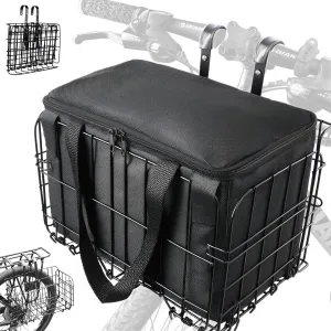 Folding Bike Basket for Front/Rear, Metal Bicycle Basket with Removable Liner Bag, 44lbs Capacity Bicycle Baskets for Adult Bikes Carrying Pet & Grocery, Hook-Height-Adjustable