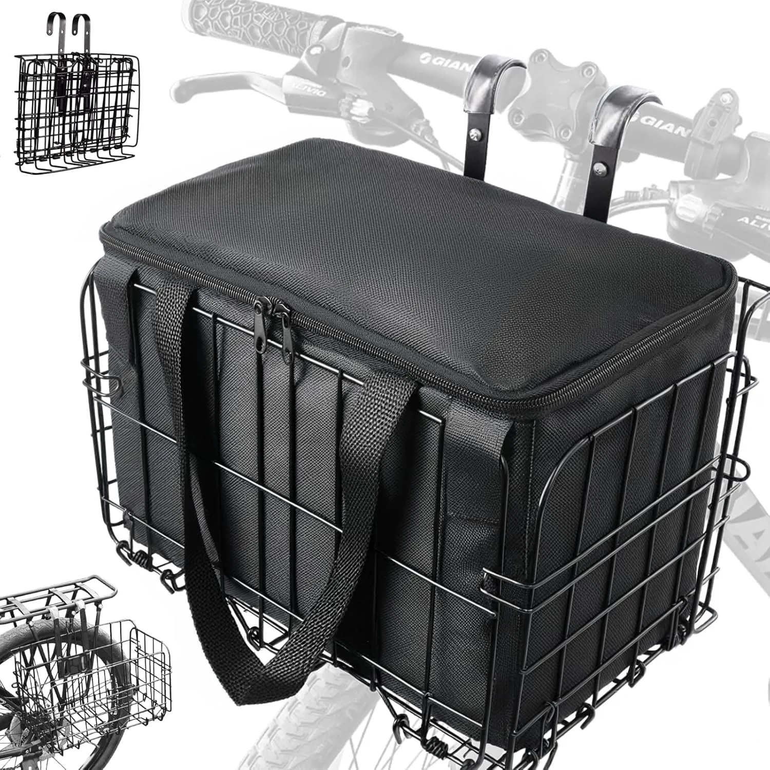 Folding Bike Basket for Front/Rear, Metal Bicycle Basket with Removable Liner Bag, 44lbs Capacity Bicycle Baskets for Adult Bikes Carrying Pet & Grocery, Hook-Height-Adjustable