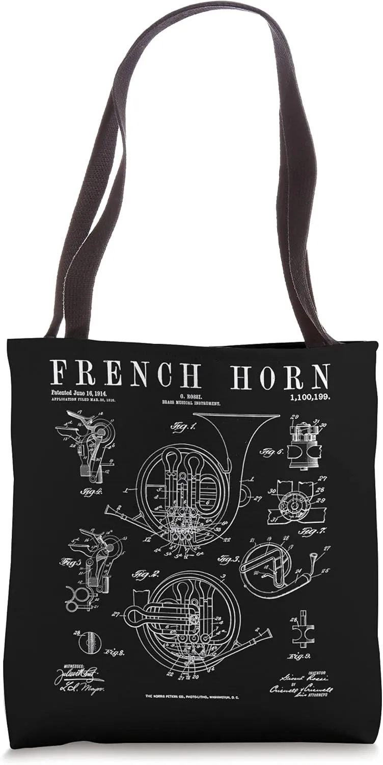 French Horn Old Vintage Antique Patent Drawing Print Tote Bag