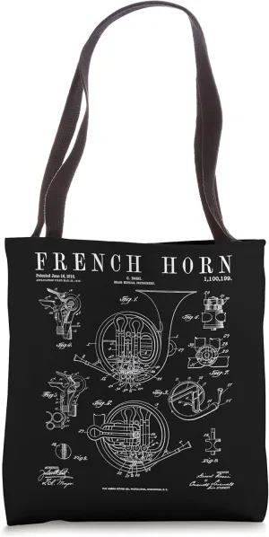 French Horn Old Vintage Antique Patent Drawing Print Tote Bag