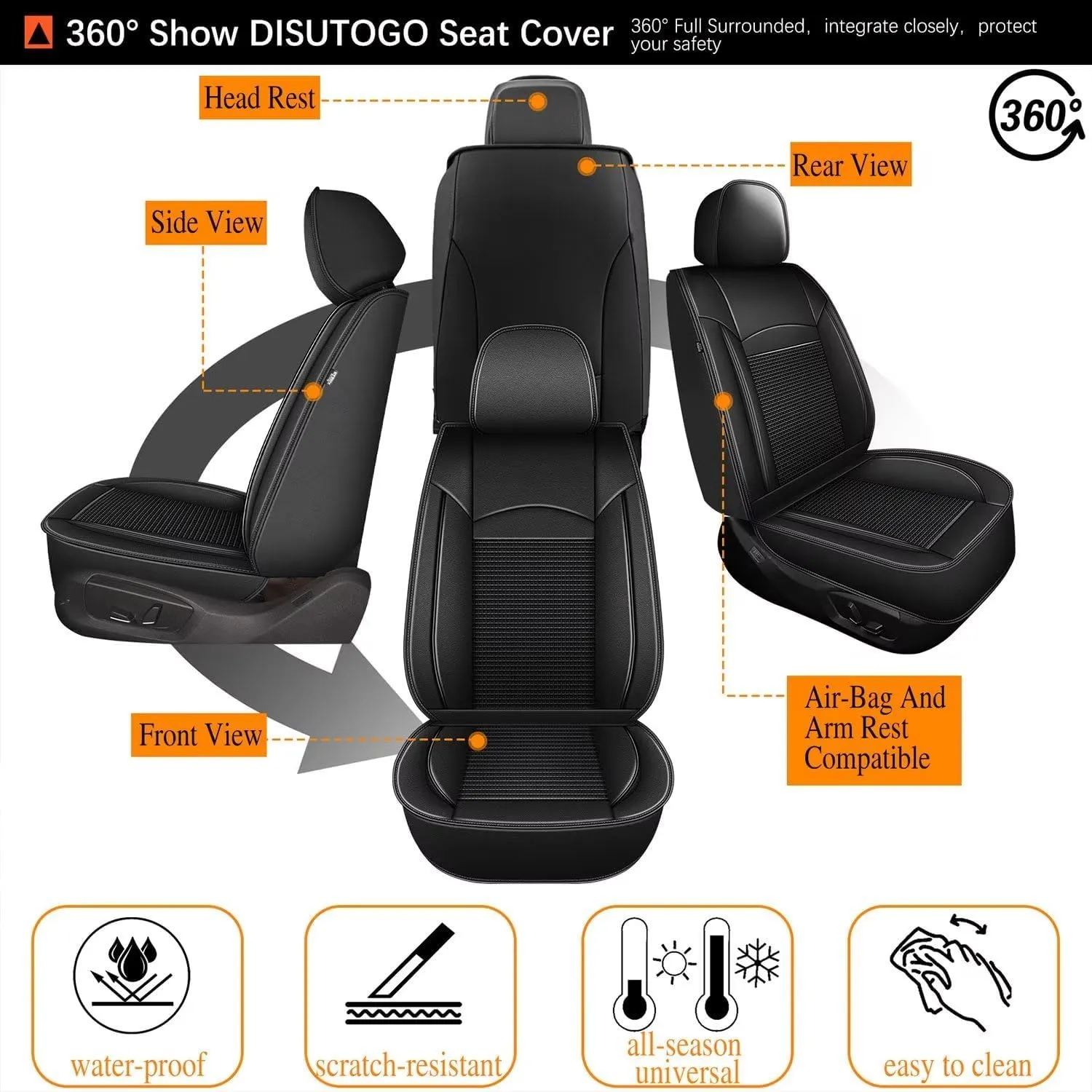 Front Seat Covers Fit for Honda Pilot 2005-2016: Car Seat Cover Leather Ice Silk Waterproof Breathable Automotive Seat Cushion Protector (2 Seats, Black)