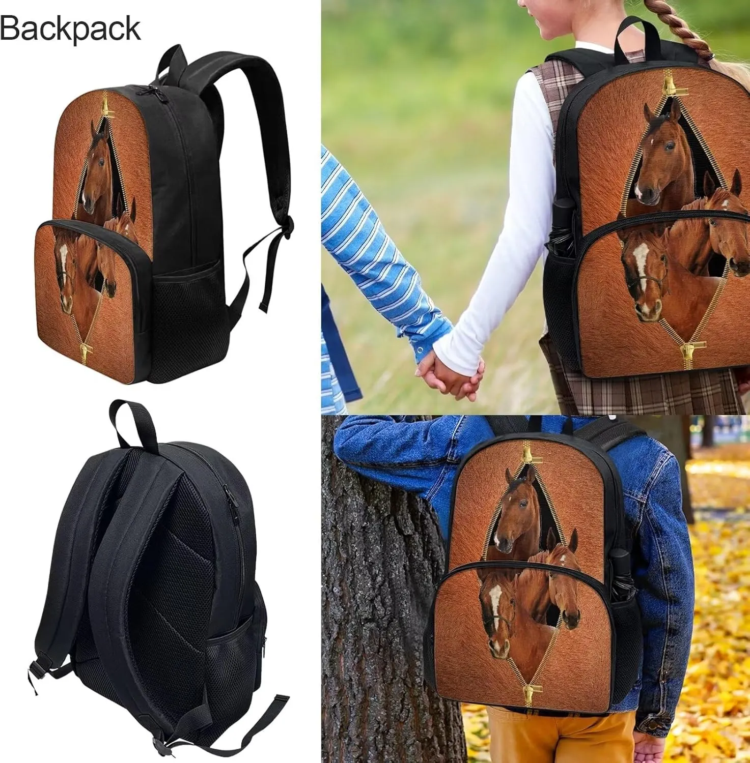 Funny Horse with Zipper Student School Bag Set with 17inch Backpack/Lunch Box/Pencil Bag/Messager Bag for Kids